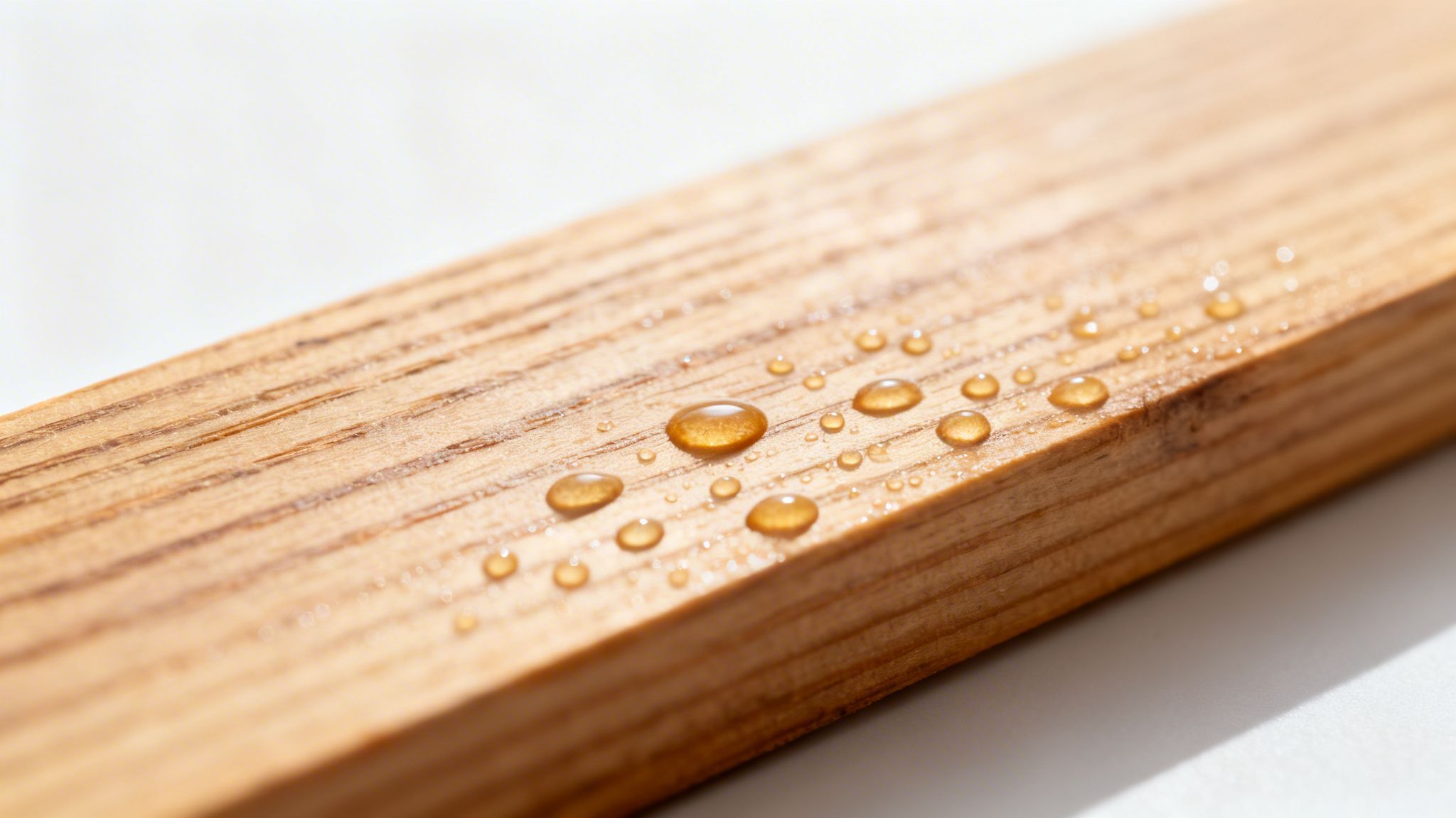 Vanddråber ligger på en smuk træplanke, der viser den vandafvisende effekt af træbehandling.