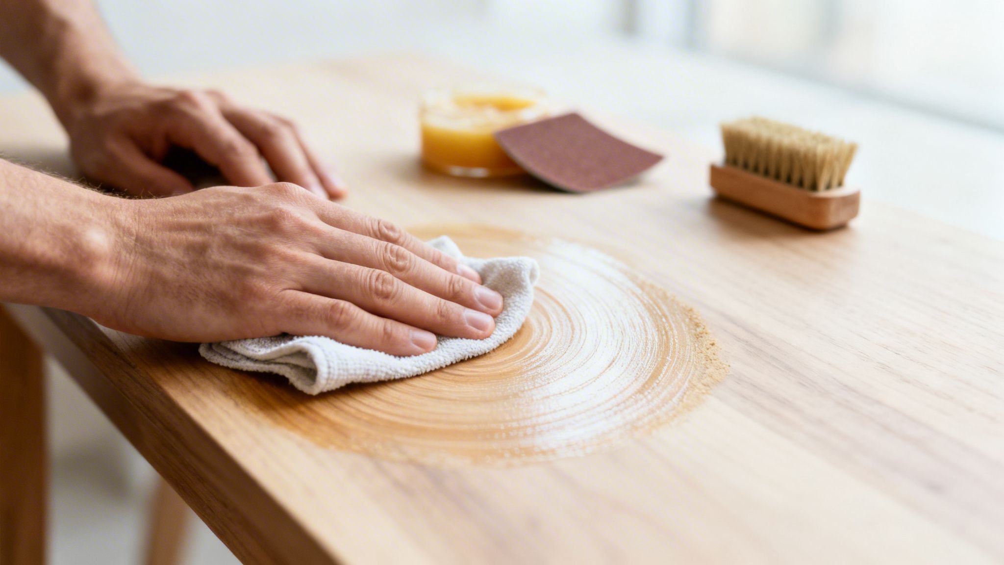Nærbillede af hænder, der påfører bivoks på et træbord med en klud.