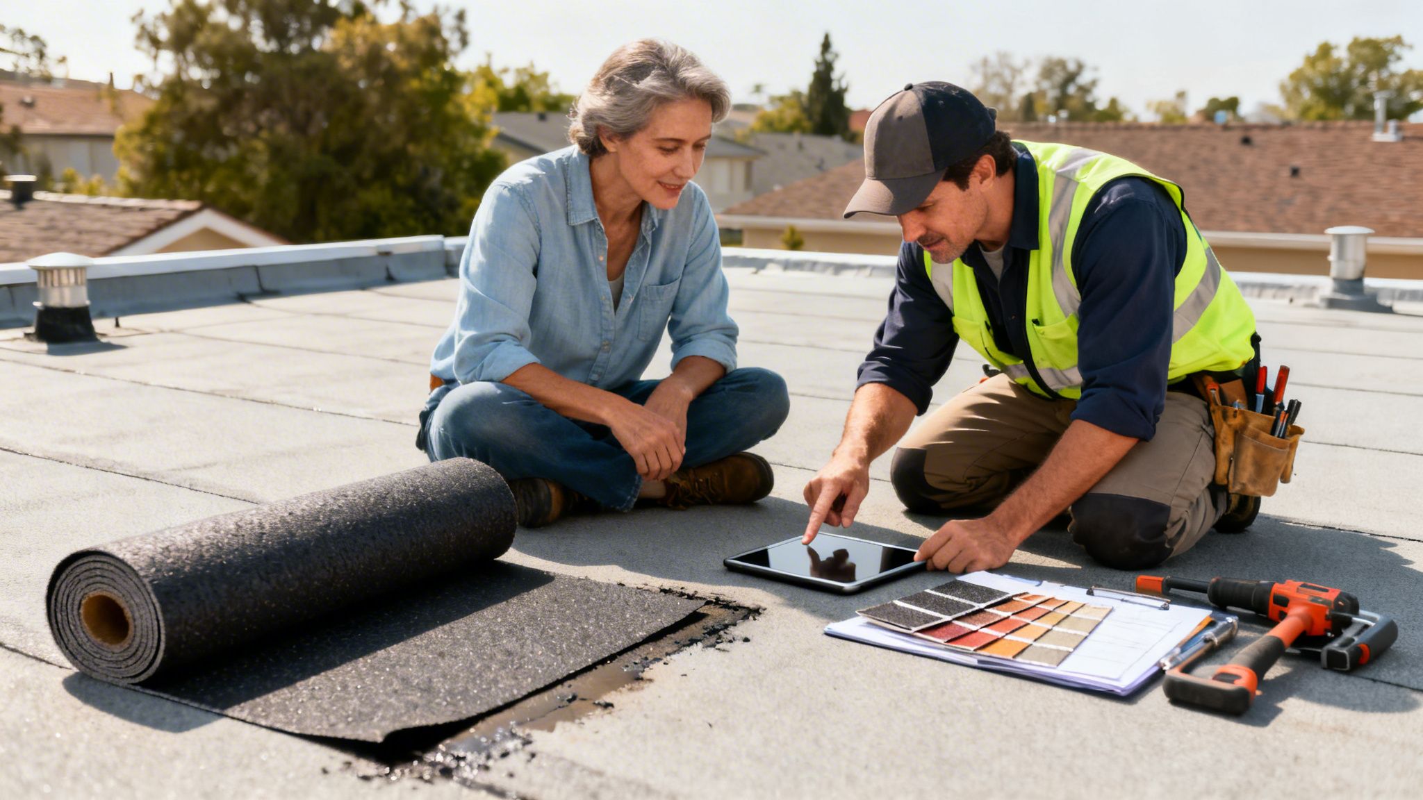 Håndværker og kunde diskuterer reparation af tagpaptag, ser på tablet og materialeprøver på taget.
