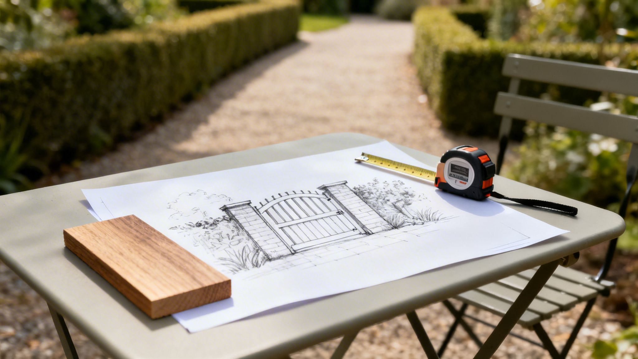 En skitse af en havelåge med et målebånd og træblok på et bord i en grøn have, klar til DIY projekt.
