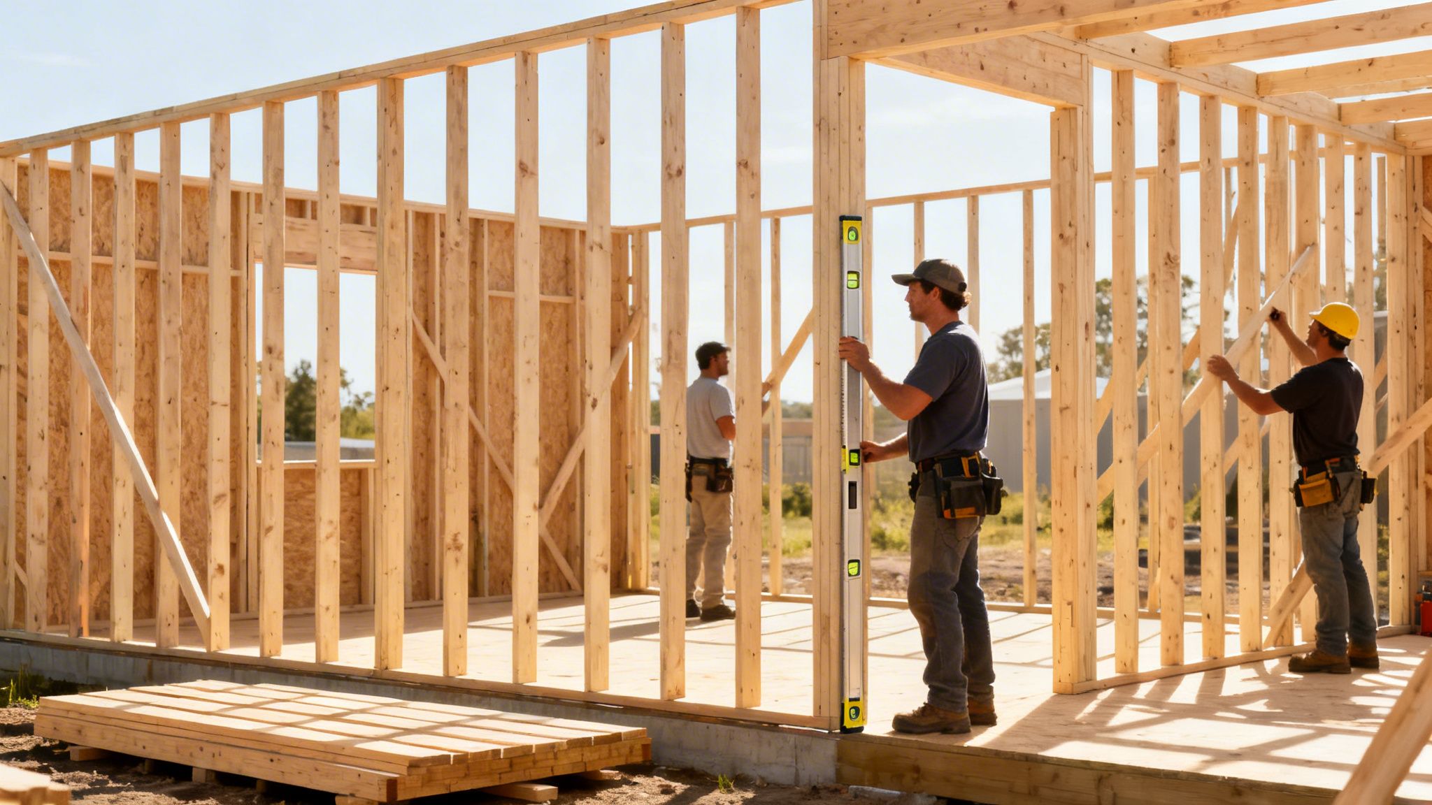 Tre bygningsarbejdere arbejder på trærammen til et nyt hus under en klar himmel.