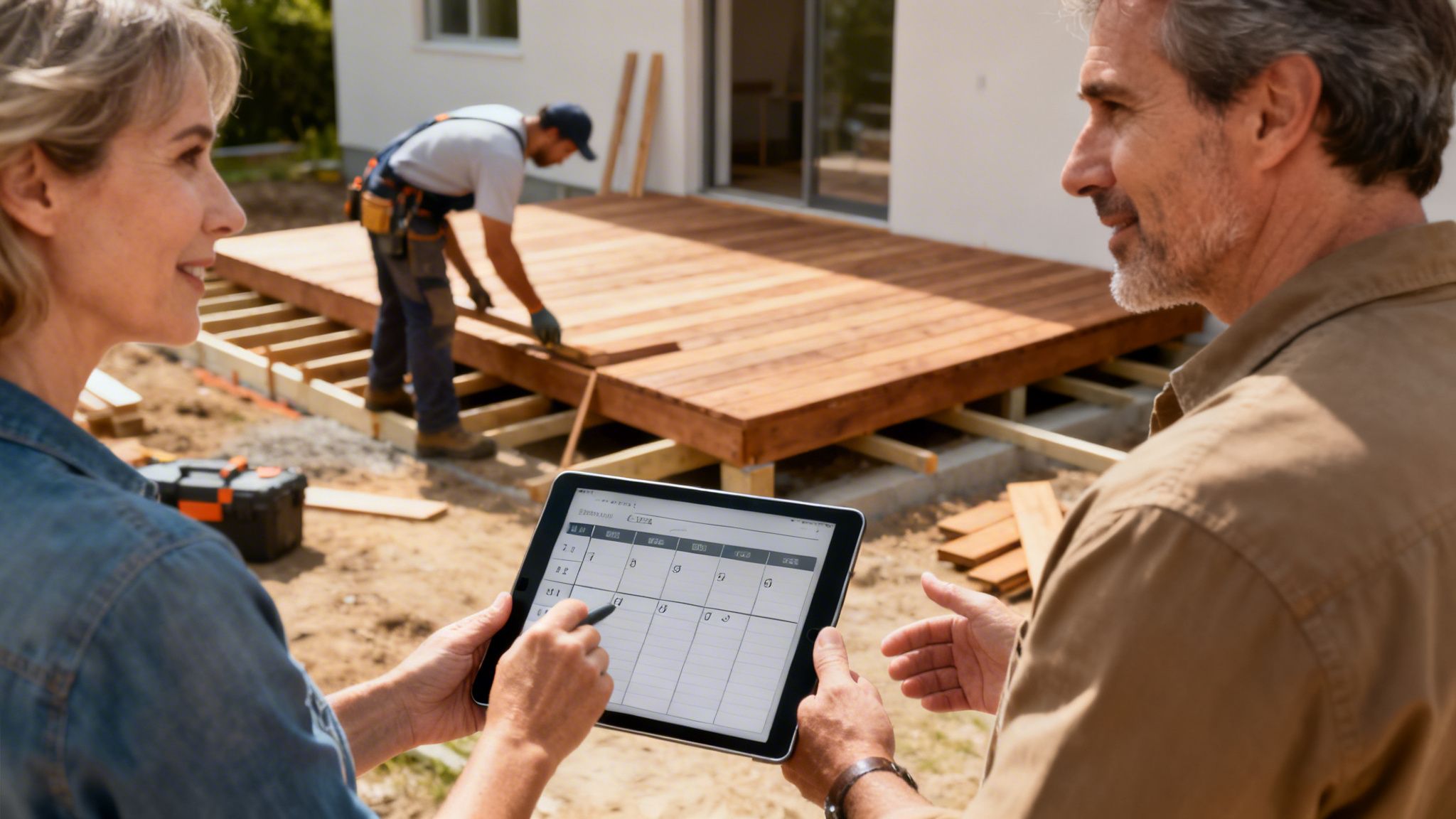 Mand og kvinde gennemgår en tablet med tidsplan for en træterrassebygning, mens en arbejder bygger i baggrunden.
