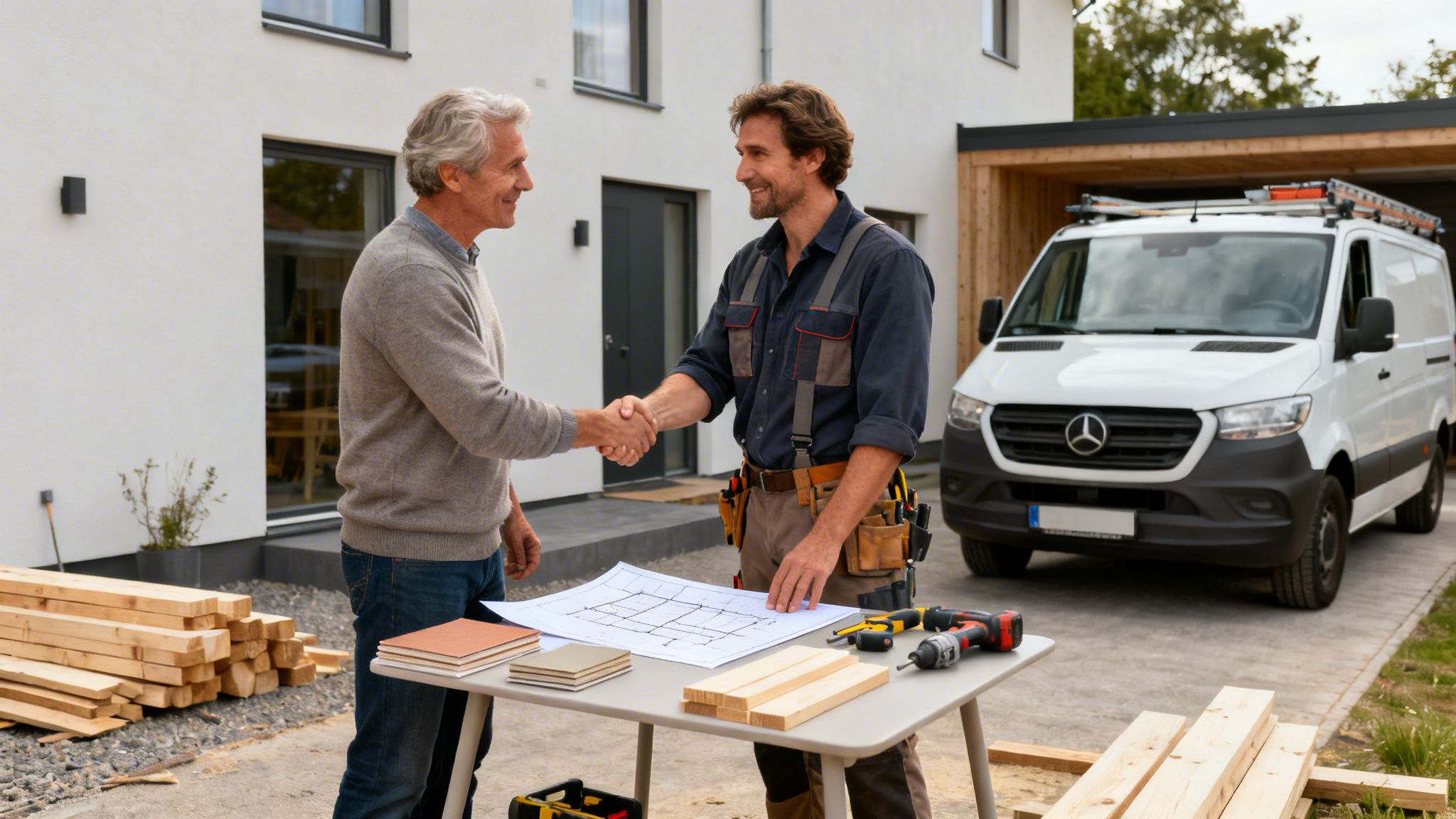 Tømrer og kunde giver hånd foran et moderne hus med byggematerialer og arbejdstegninger.