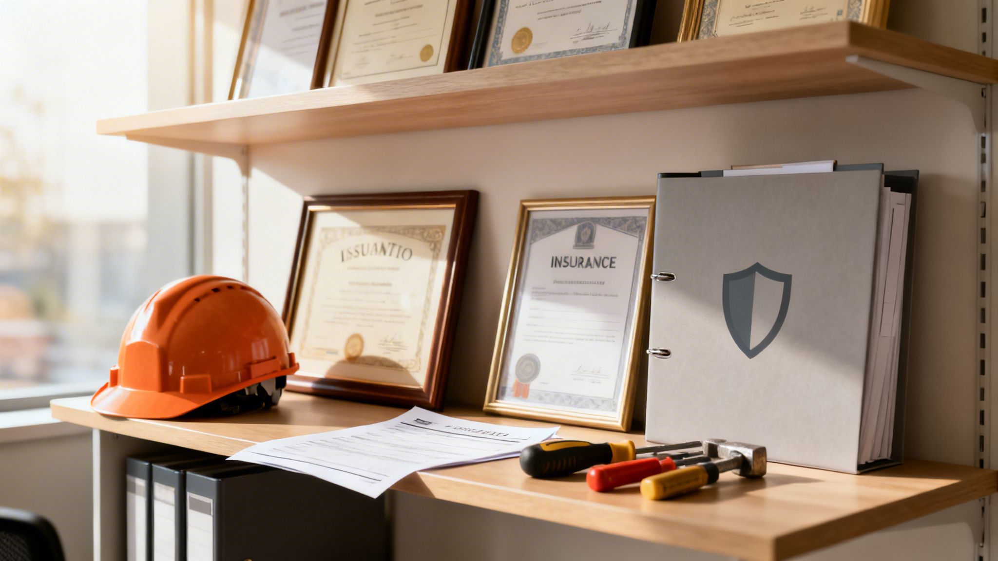 Kontorhylde med orange sikkerhedshjelm, forsikringsdokumenter, mapper og håndværktøj i sollys.