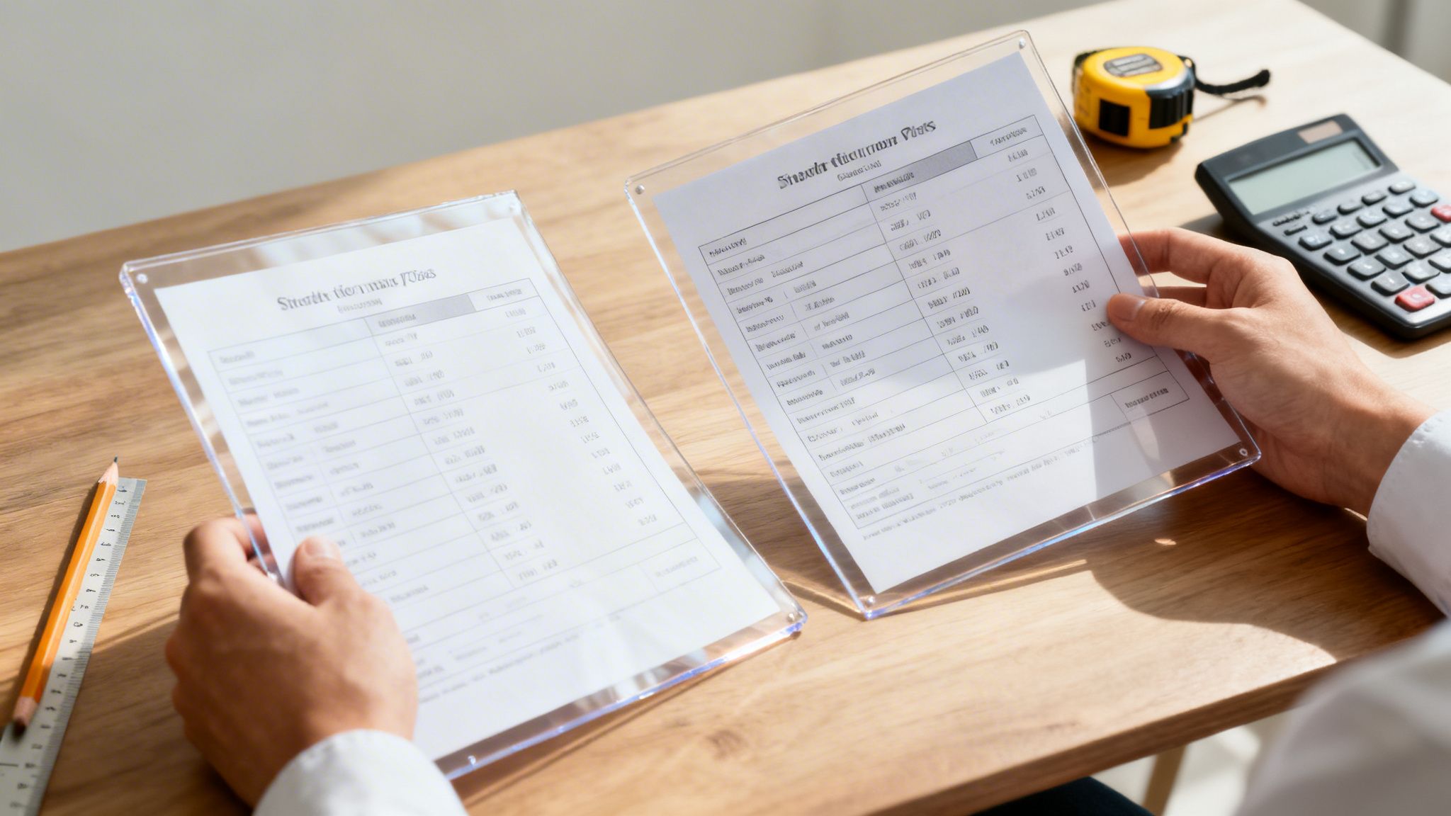 En person gennemgår dokumenter med oversigter på et træbord, med lommeregner og målebånd i nærheden.