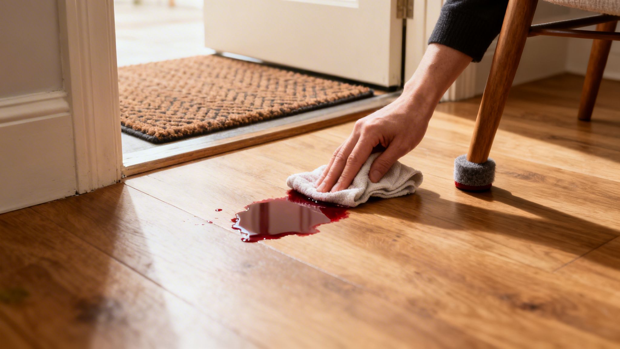 En hånd tørrer rødt spild op fra et trægulv med en hvid klud. En døråbning og en stol er synlige.