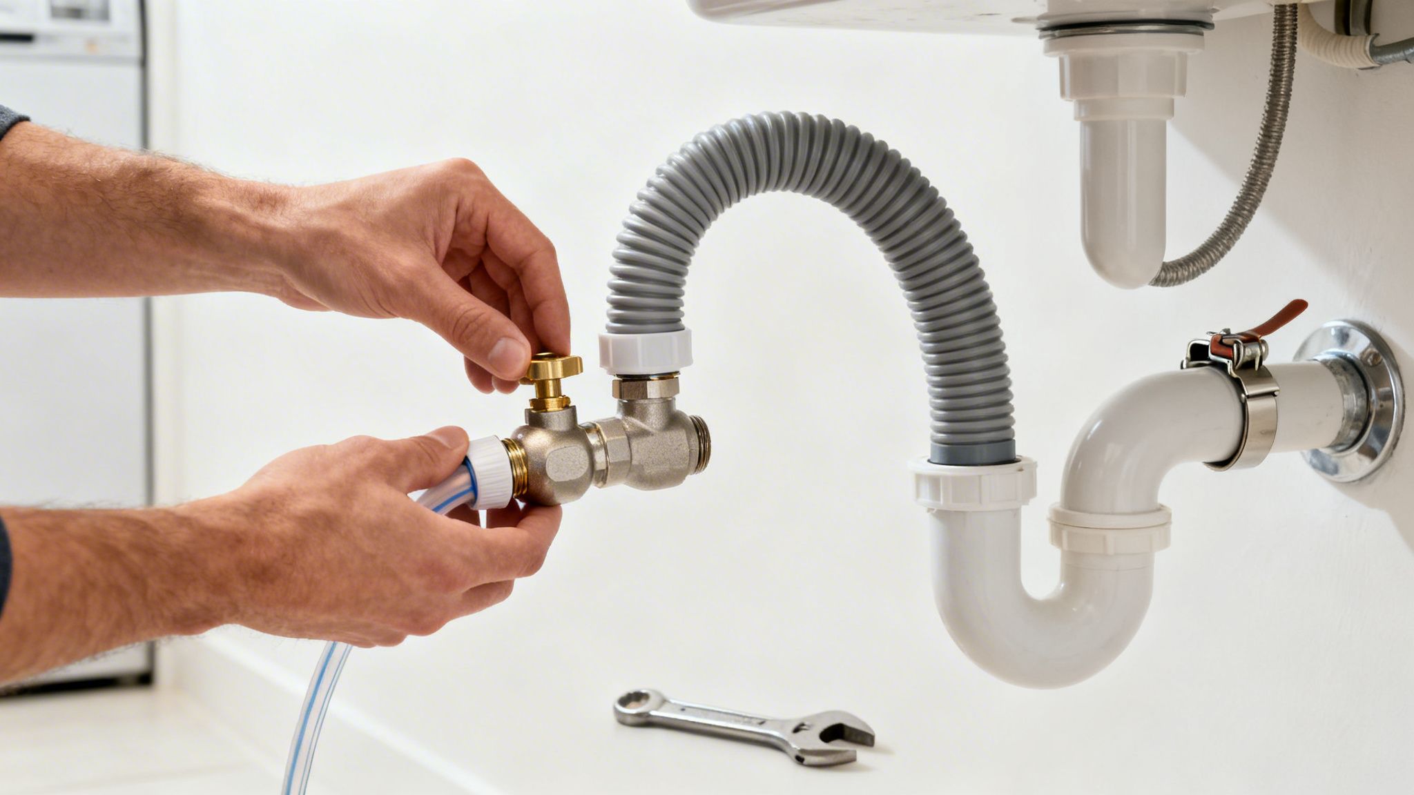 En person monterer vandrør og slanger under en vask, med forskellige VVS-dele og et værktøj på gulvet.