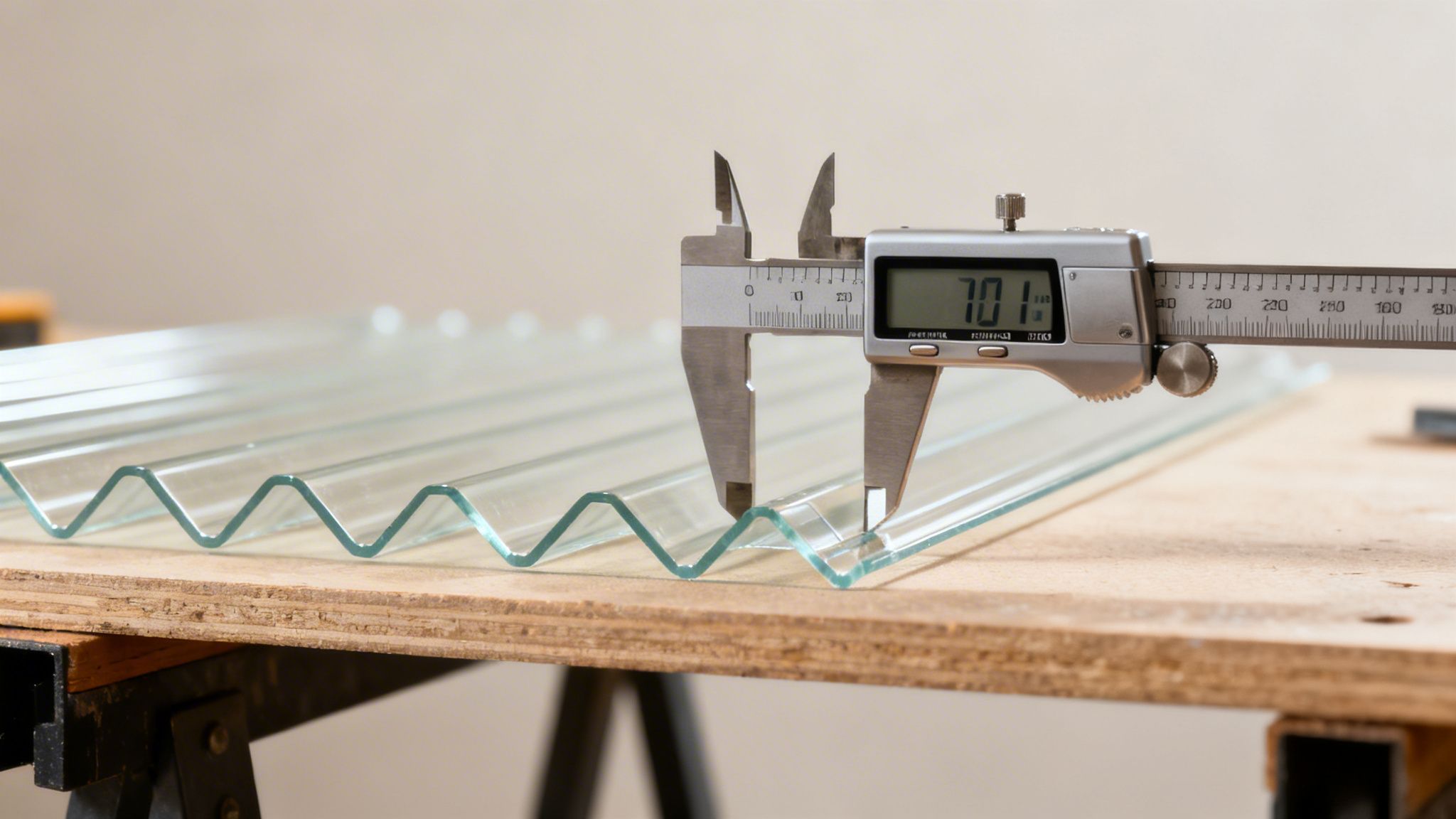 En digital skydelære måler bredden af en klar, bølget trapezplade, der ligger på et træbord.