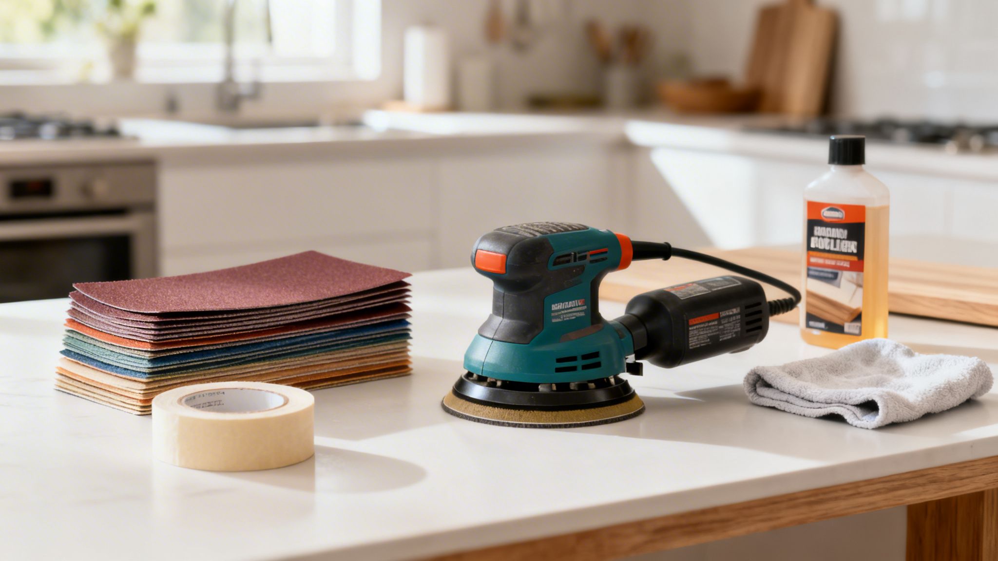 En rystepudser, sandpapir, malertape, træpleje og klud klar til slibning af bordplade i et moderne køkken.