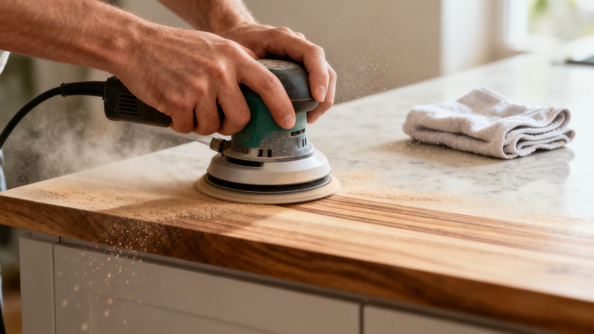 Nærbillede af hænder, der sliber en træbordplade med en excentersliber, med flyvende savsmuld.