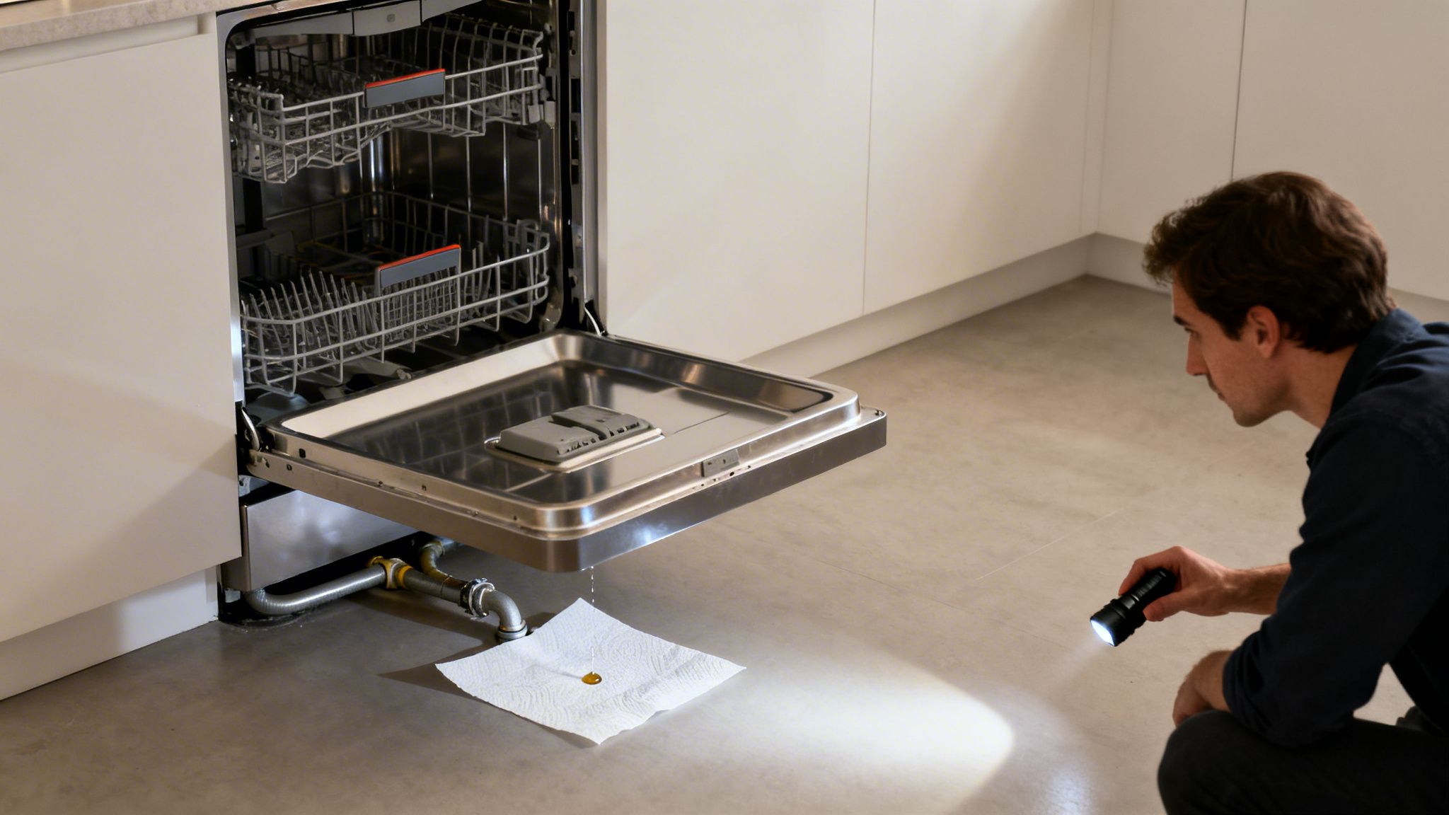 Mand undersøger en utæt opvaskemaskine med lommelygte, mens vand drypper på et stykke køkkenrulle.