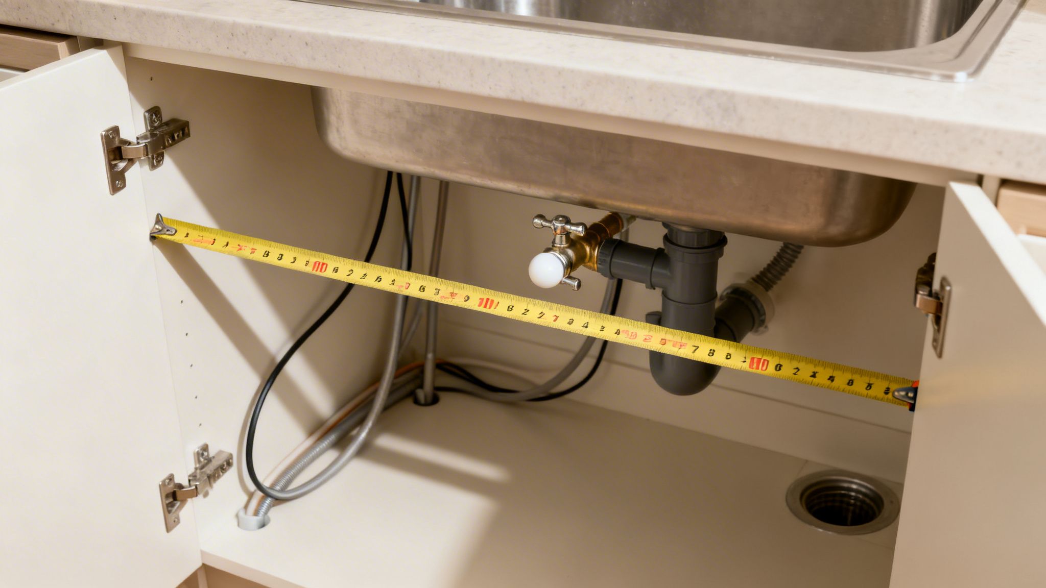Et målebånd strækker sig inde i et køkkenskab under vasken, der viser rør og installationer.