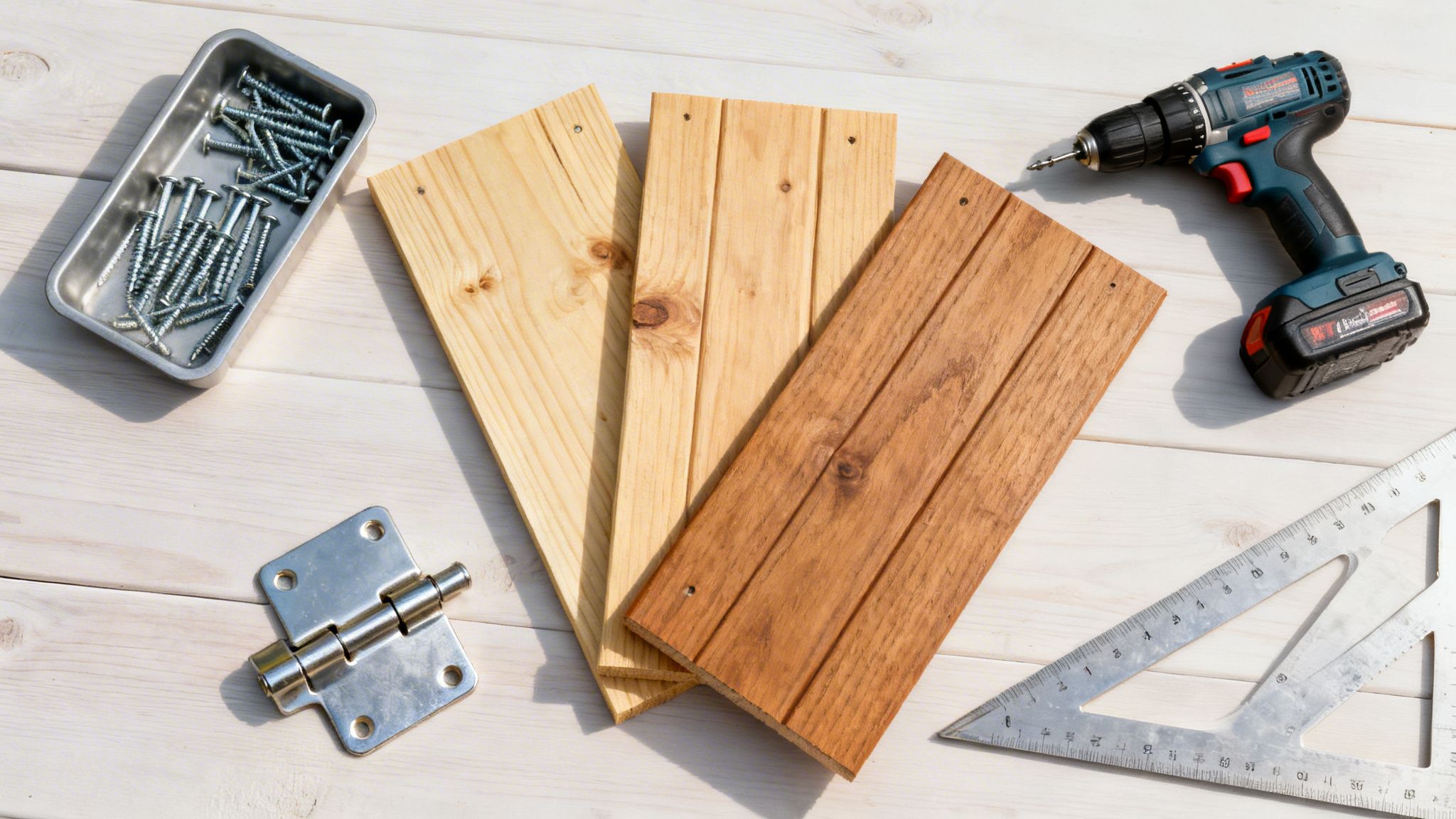 Forskellige værktøjer og materialer til et gør-det-selv-projekt, herunder træplanker, skruer, boremaskine og hængsel på et lyst træbord.