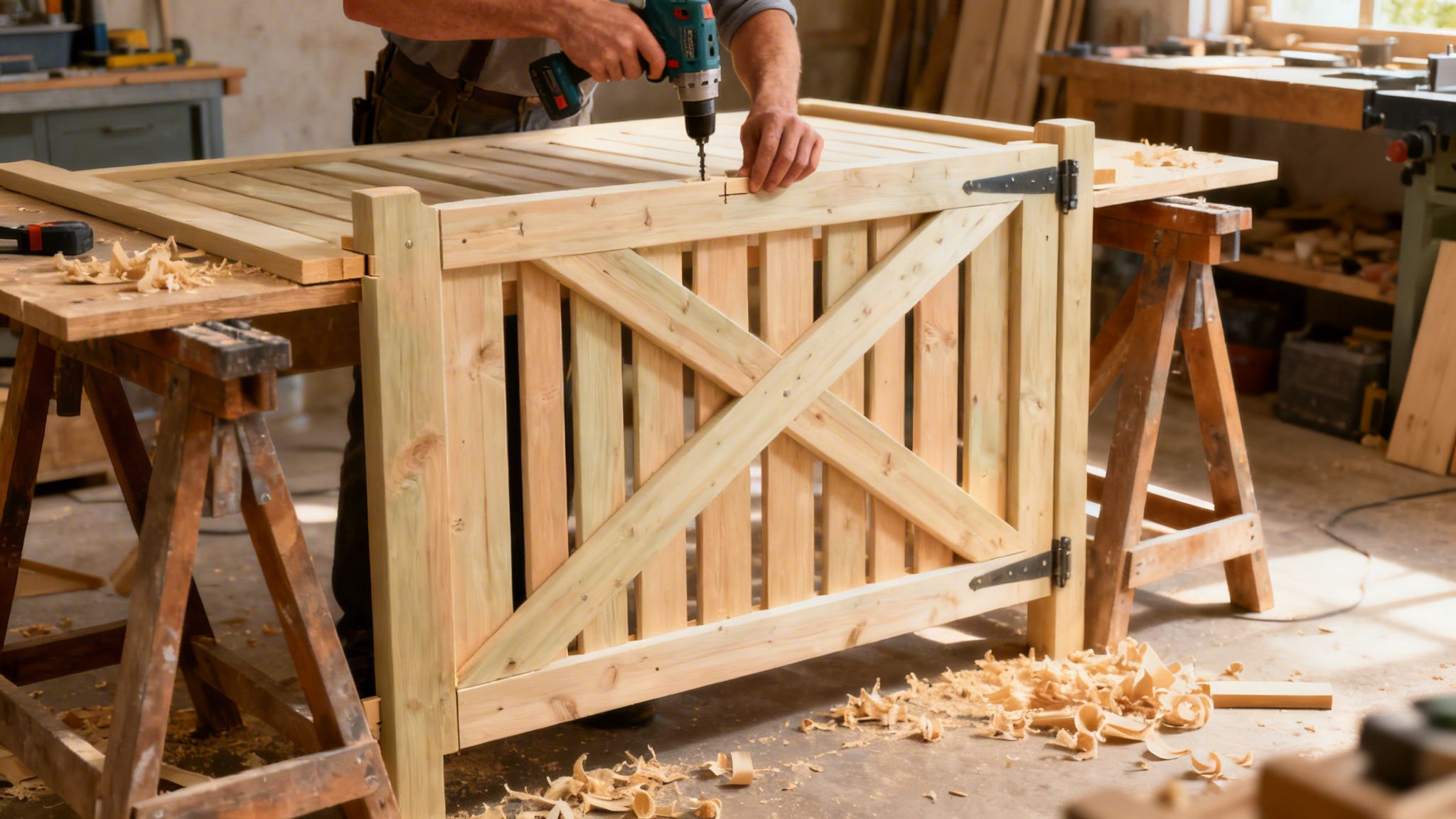 En mand borer i en træhavelåge i et værksted, omgivet af træspåner og værktøj.