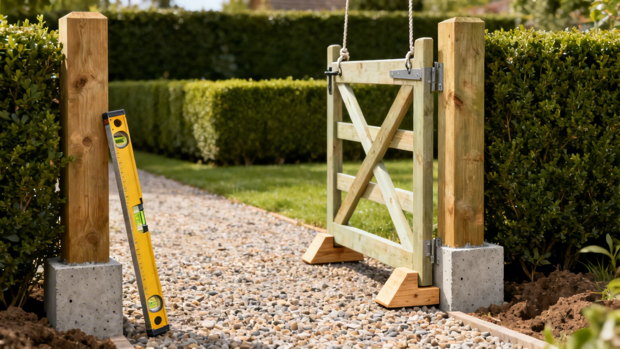 Nyligt monteret havelåge i træ med stolper i beton, et vaterpas på en grussti.