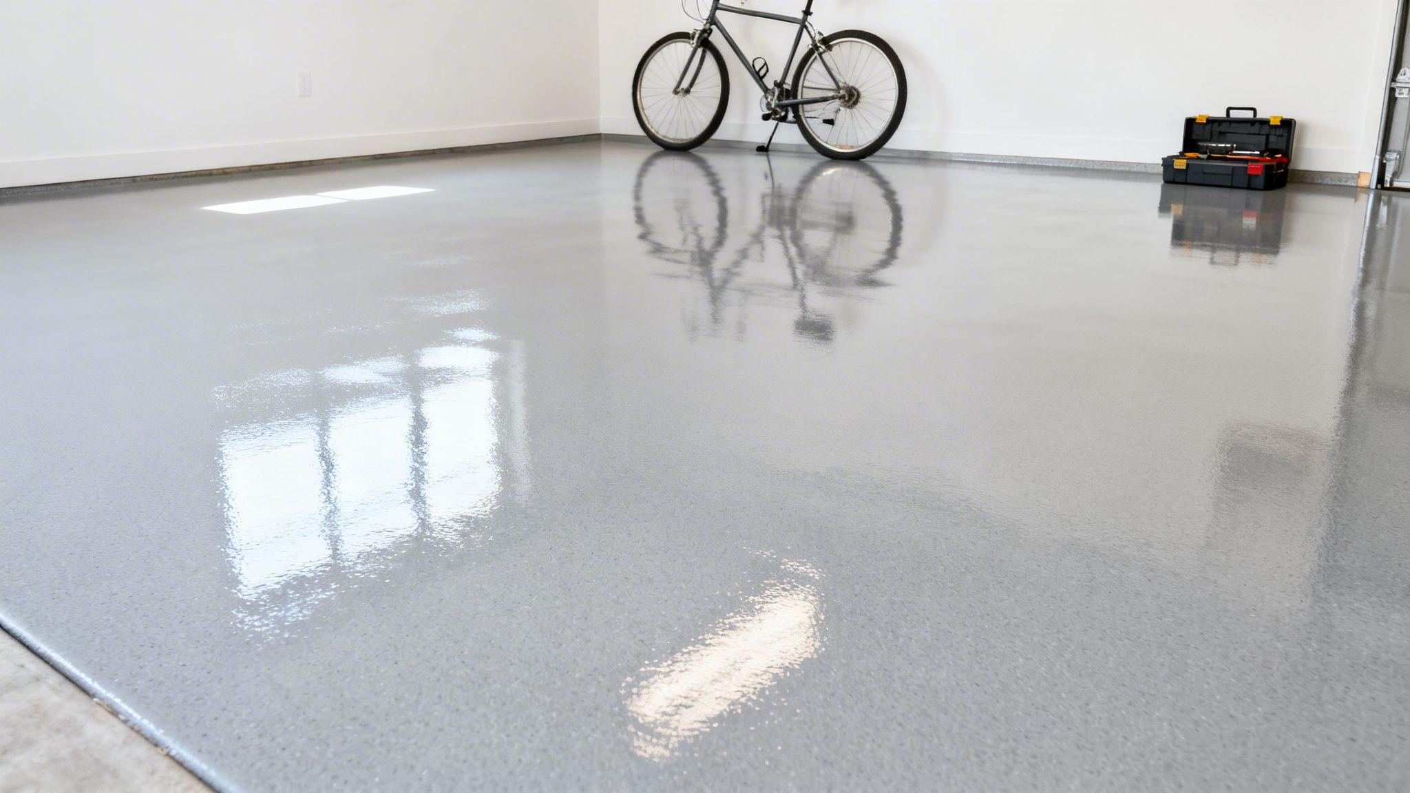 Et rent garagegulv belagt med grå epoxy, der reflekterer lys, med en cykel og en værktøjskasse.
