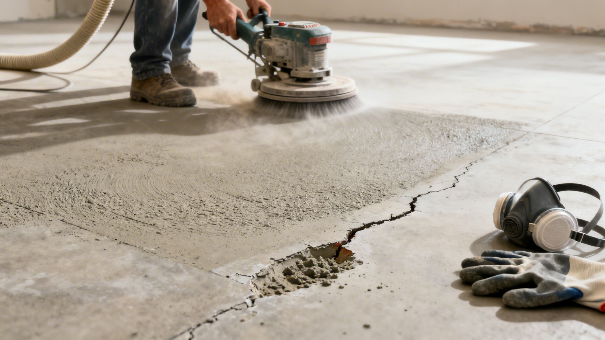 En person sliber et betongulv med en maskine, der skaber støv, ved siden af revner og sikkerhedsudstyr.