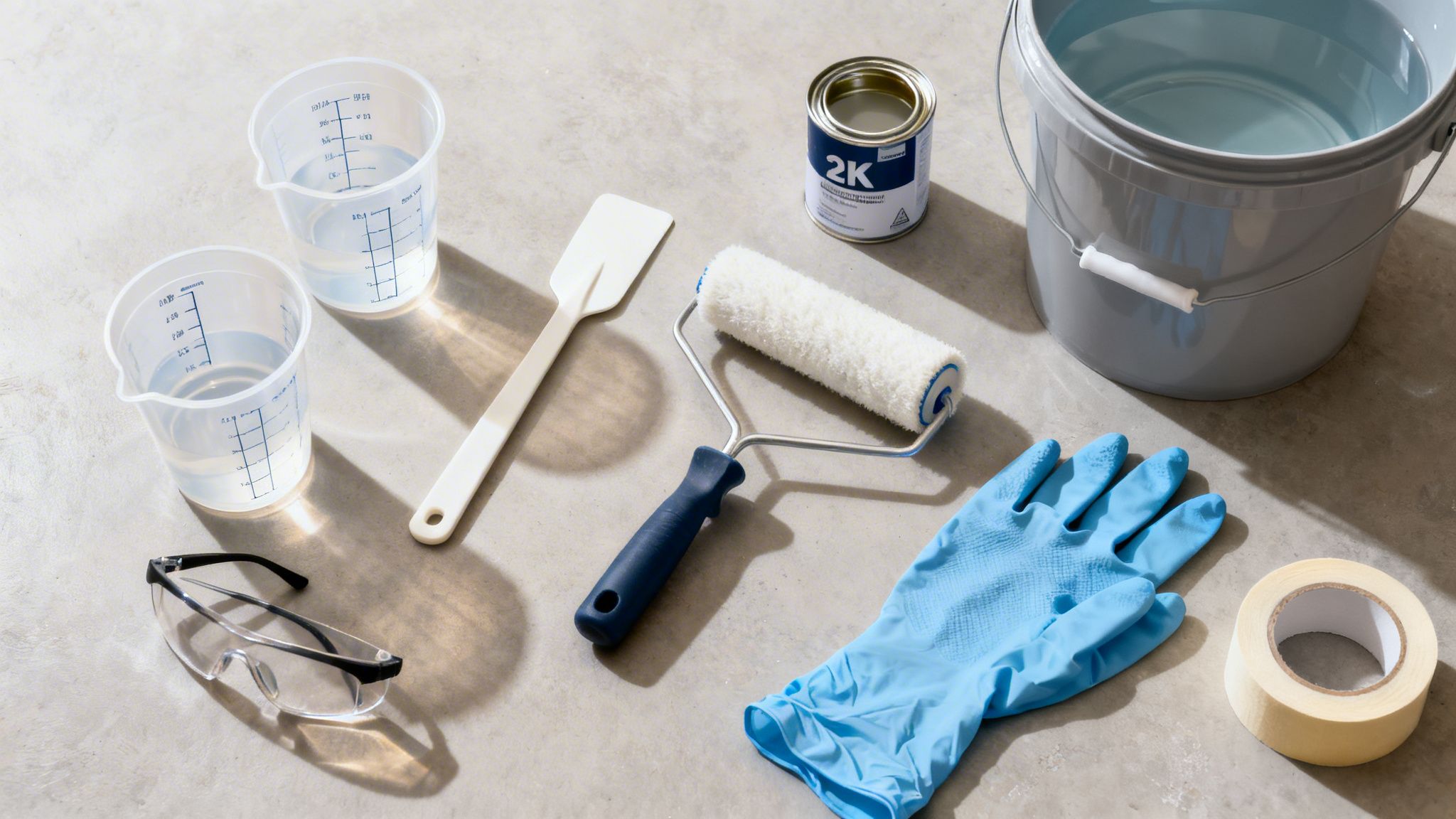 Værktøj og materialer til epoxygulvmaling, herunder målebægre, maling, rulle og sikkerhedsudstyr.