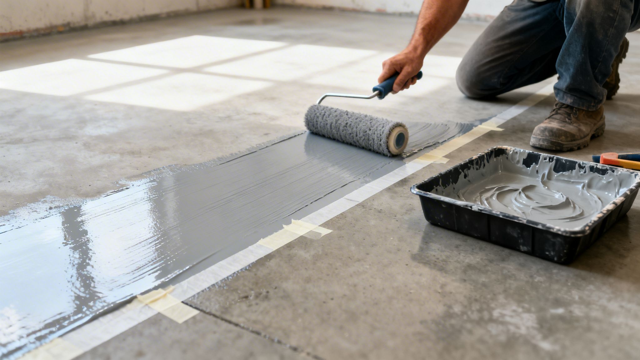 En person maler et betongulv gråt med en malerrulle og epoxy, afgrænset af malertape.