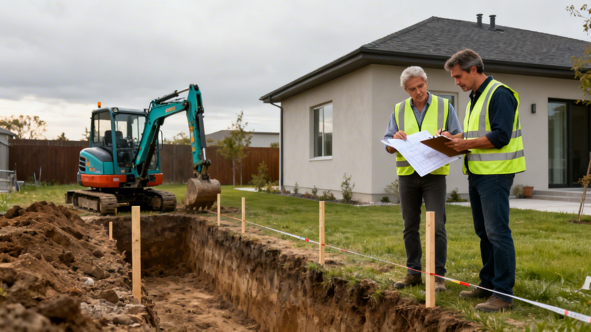To mænd i sikkerhedsveste gennemgår byggeplaner ved en udgravning til et husfundament, med en gravemaskine i baggrunden.