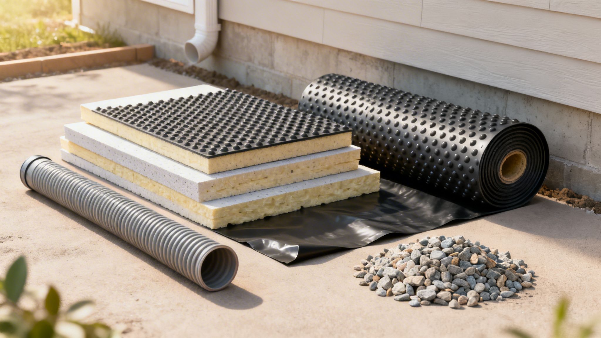 Materialer til udvendig kældervægsisolering med isoleringsplader, drænrør, drænmåtte og grus.