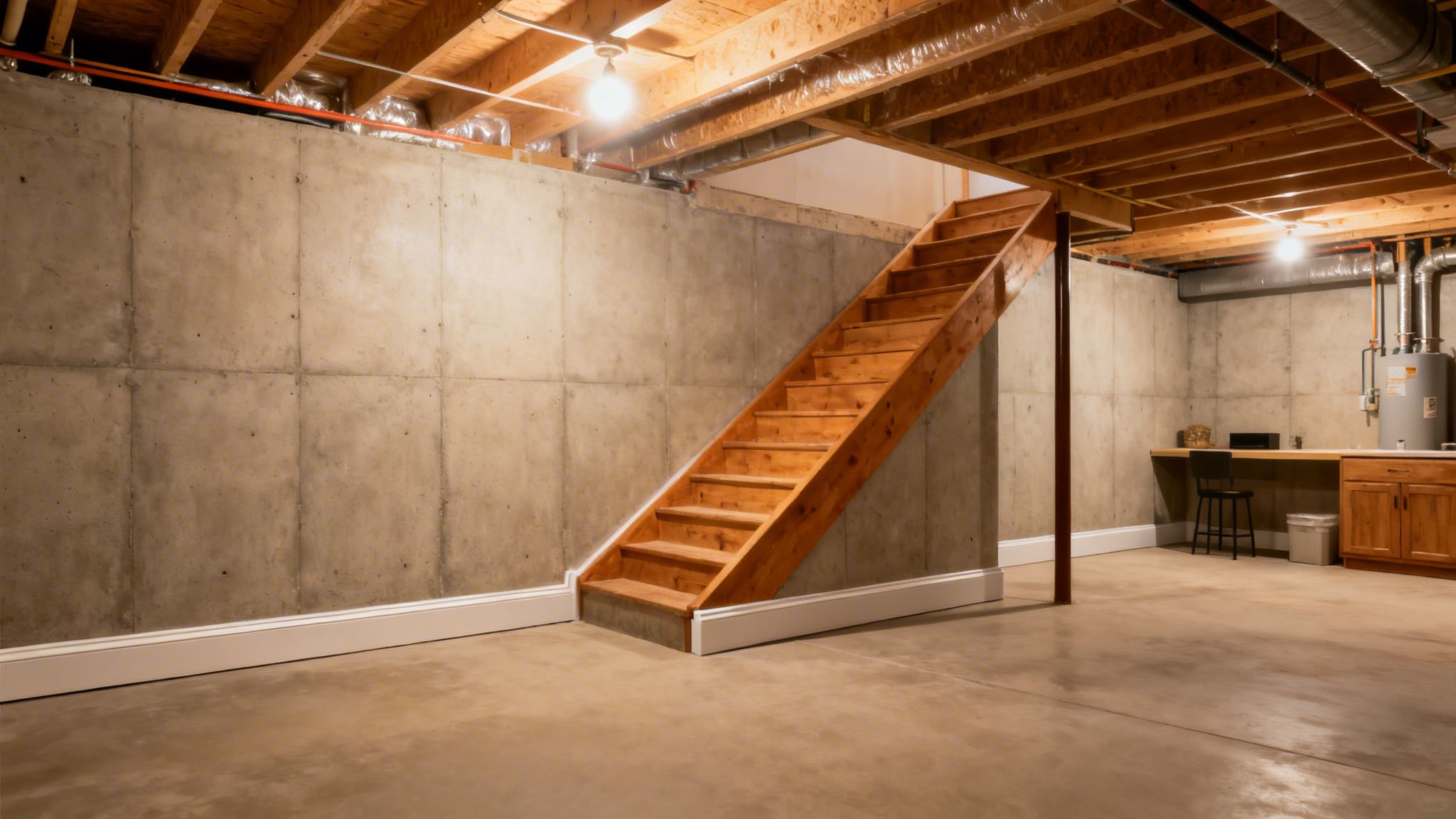 Ufærdig kælder med betonvægge, synlige loftsbjælker, en trætrappe og et lille arbejdsområde.
