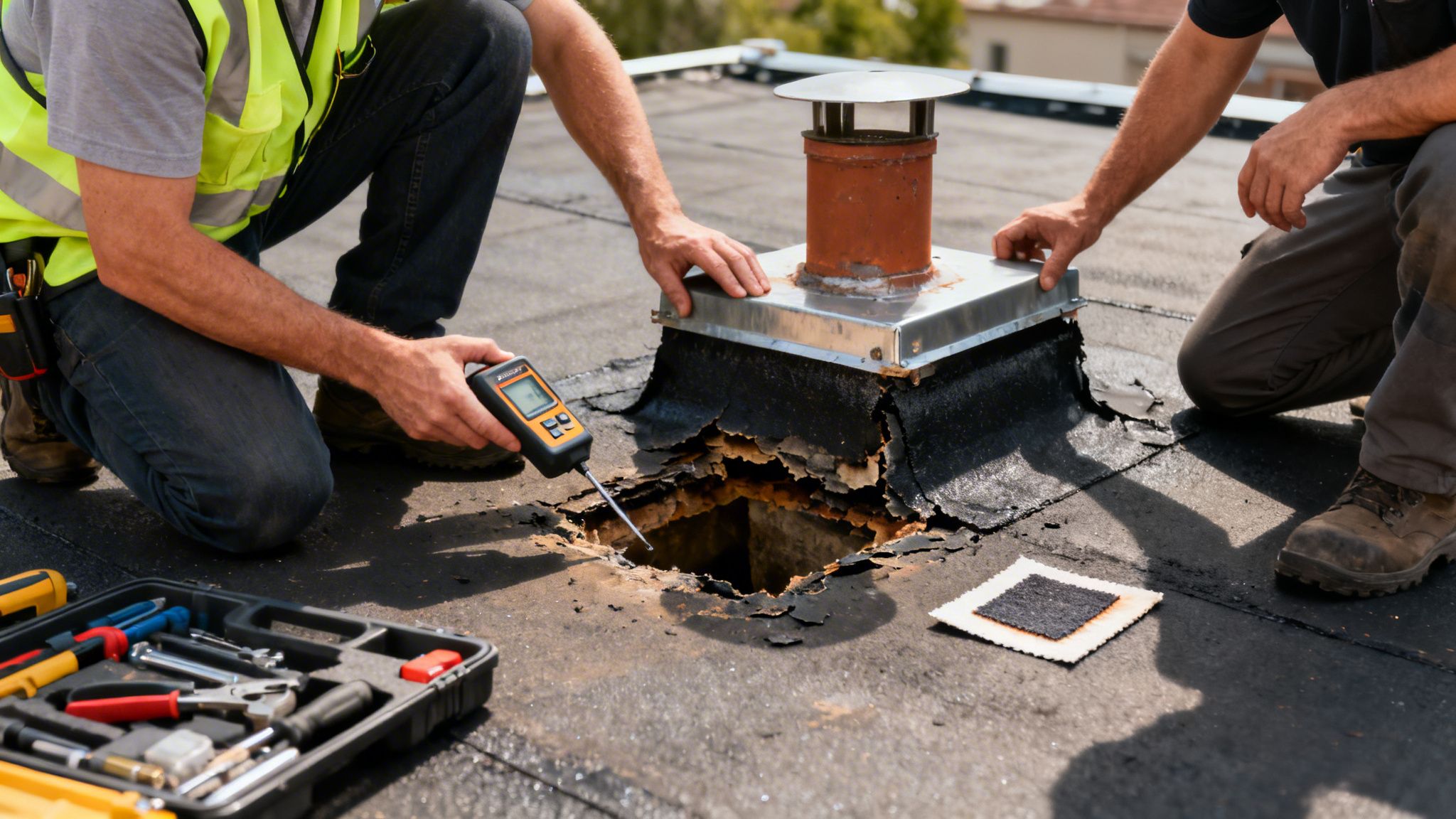 To håndværkere reparerer et tagpaptag. Den ene måler fugt med et instrument ved et hul i taget nær en skorsten.