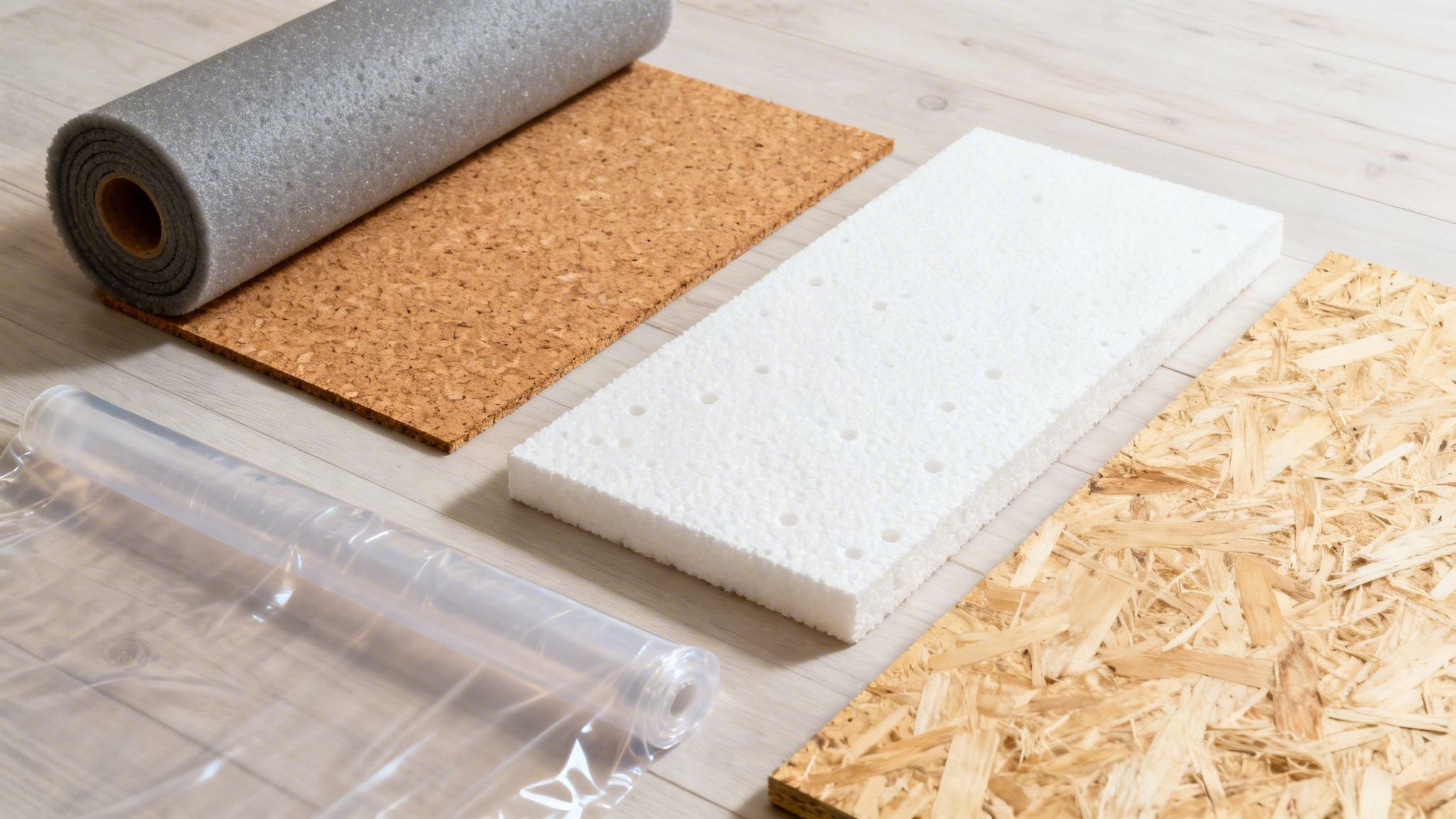 Forskellige typer af underlag til gulvbelægning, inklusive skum, kork, polystyren, OSB og plastfolie.