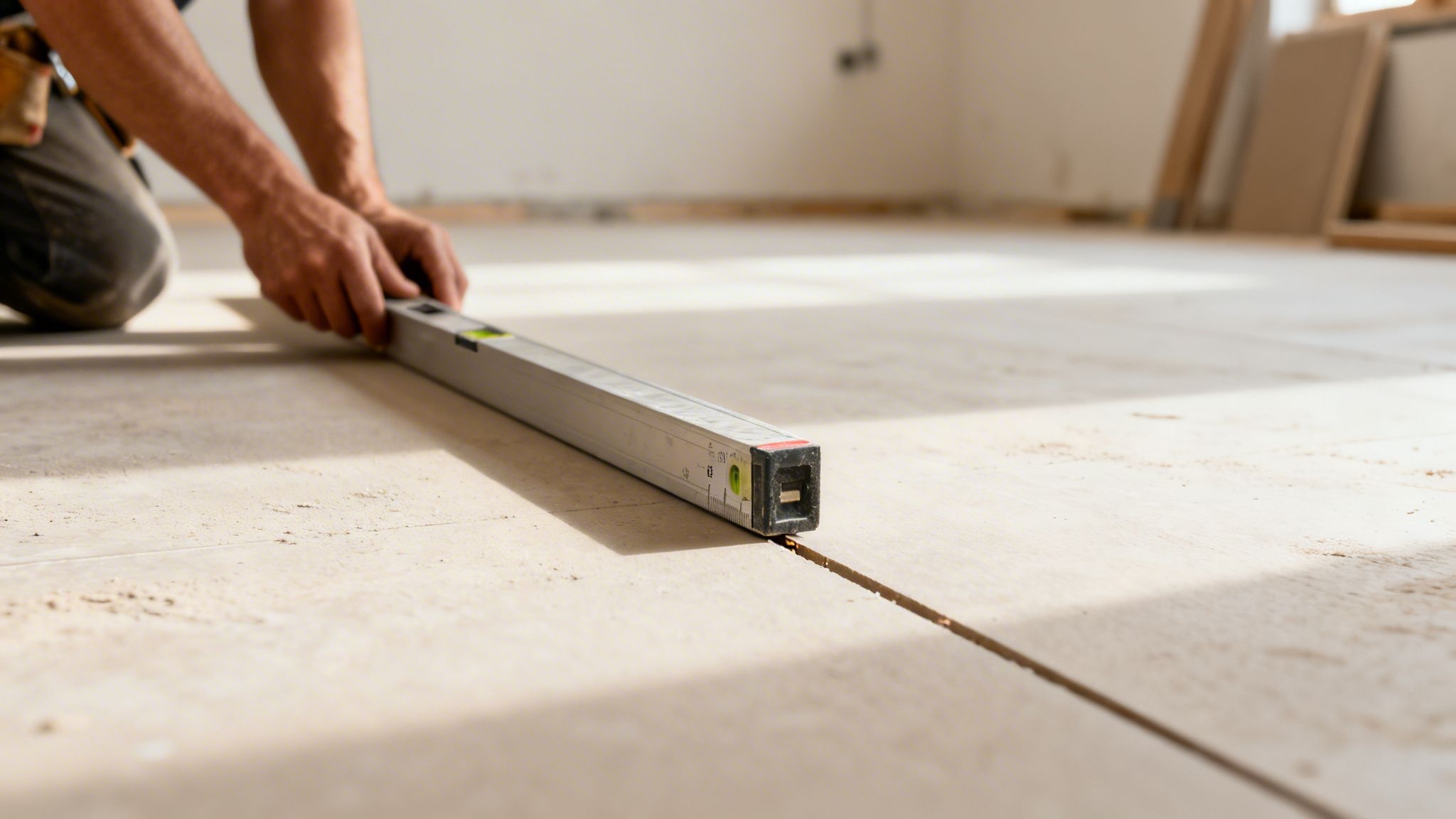 En person knæler og bruger et vaterpas til at tjekke gulvets niveau under renovering.