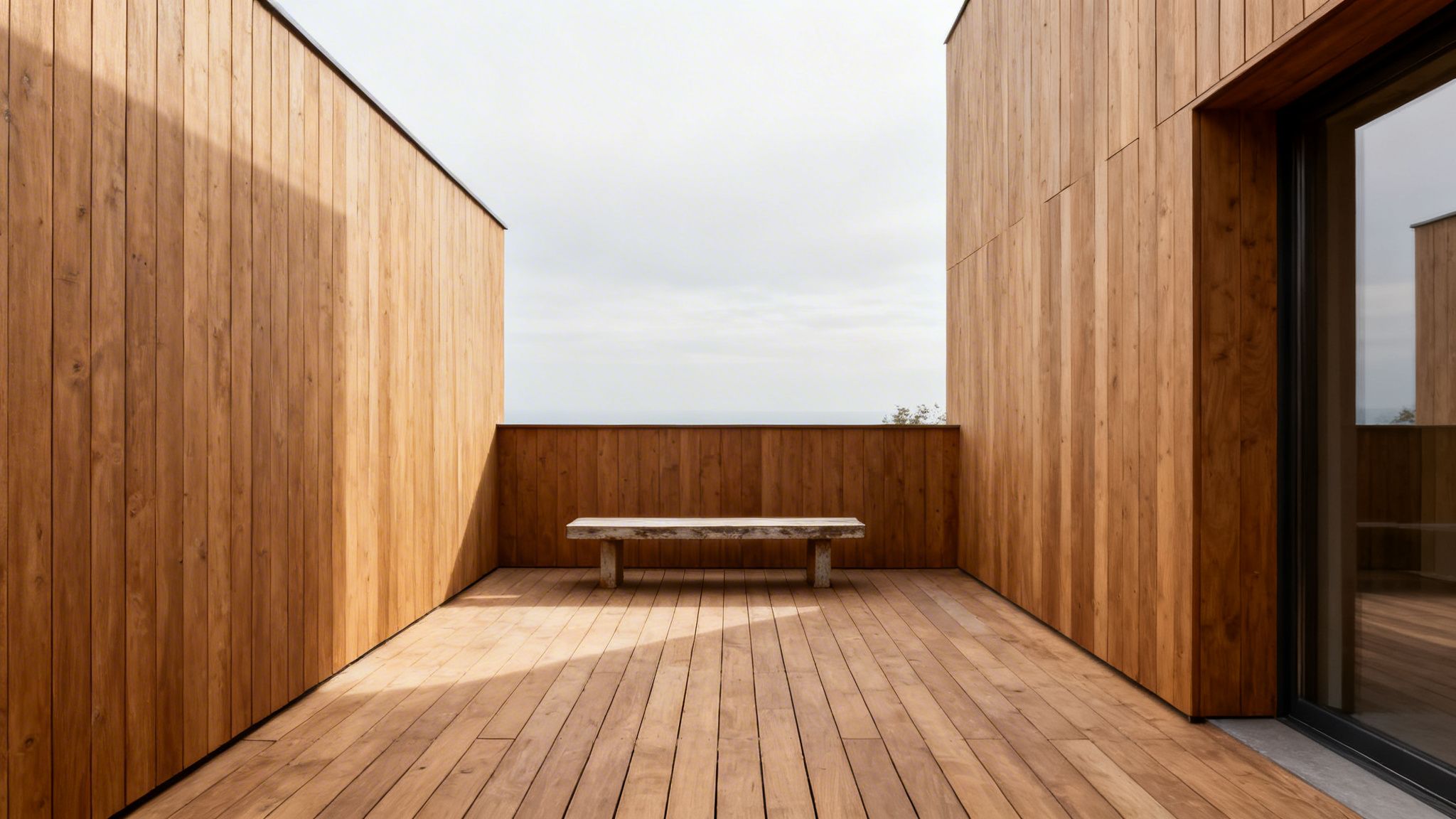Moderne træterrasse med varme trævægge og gulv, featuring en rustik træbænk og åben himmel.