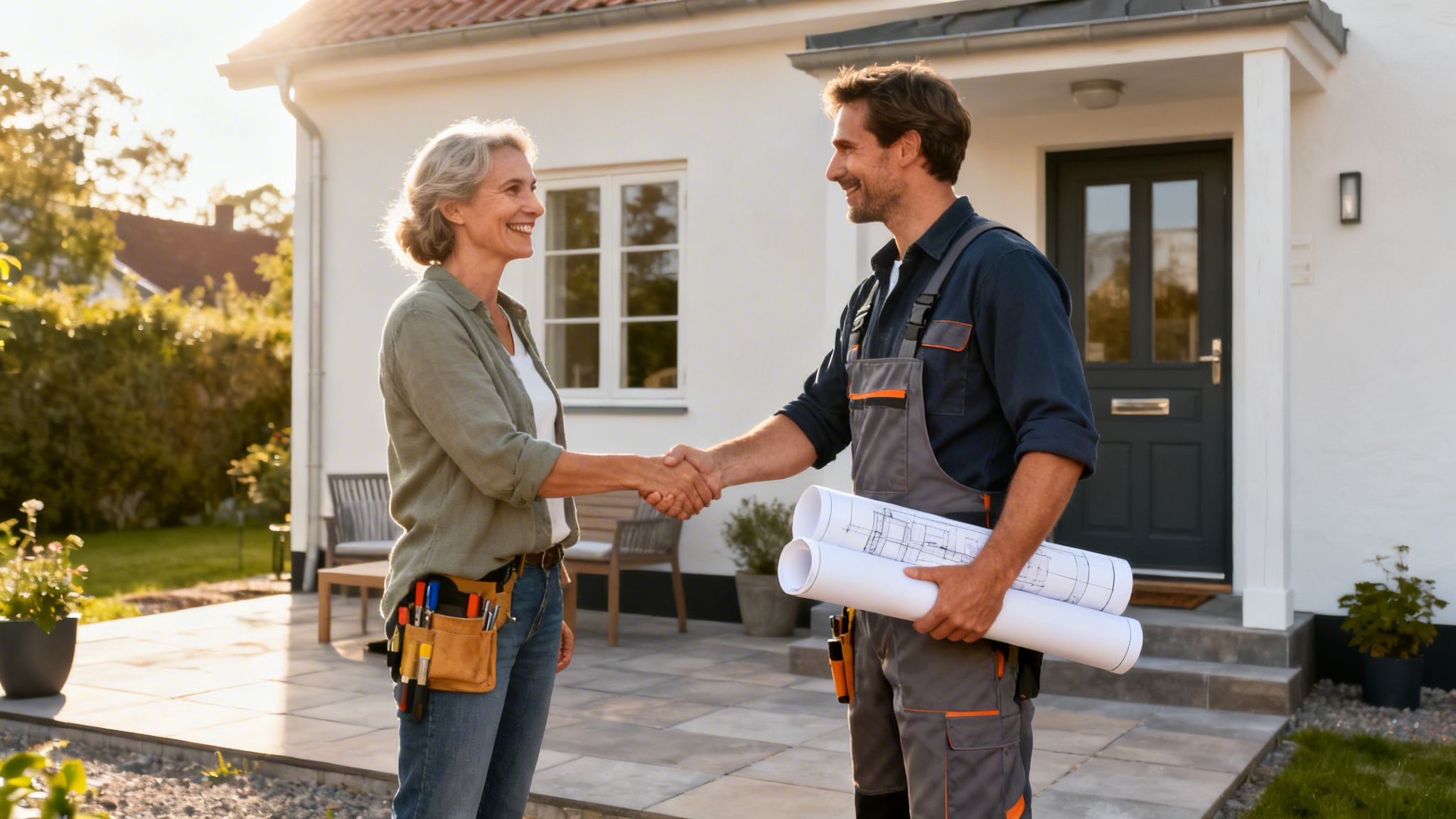 En smilende kvinde med værktøjsbælte giver hånd til en håndværker med byggeplaner foran et hus.