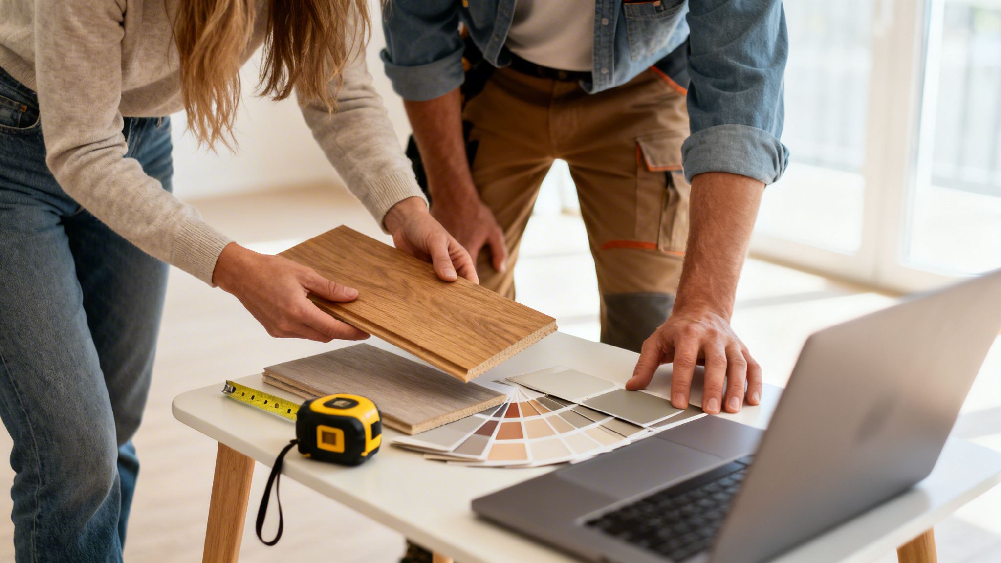 To personer vælger gulvprøver og farver til husrenovering ved et bord med bærbar computer.