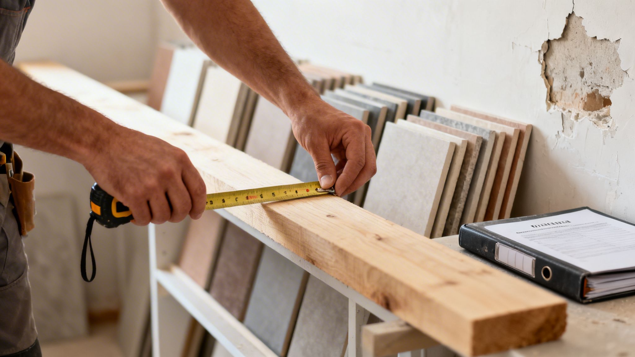 Håndværker måler træ med målebånd, fliser og beskadiget væg i baggrunden under boligrenovering.