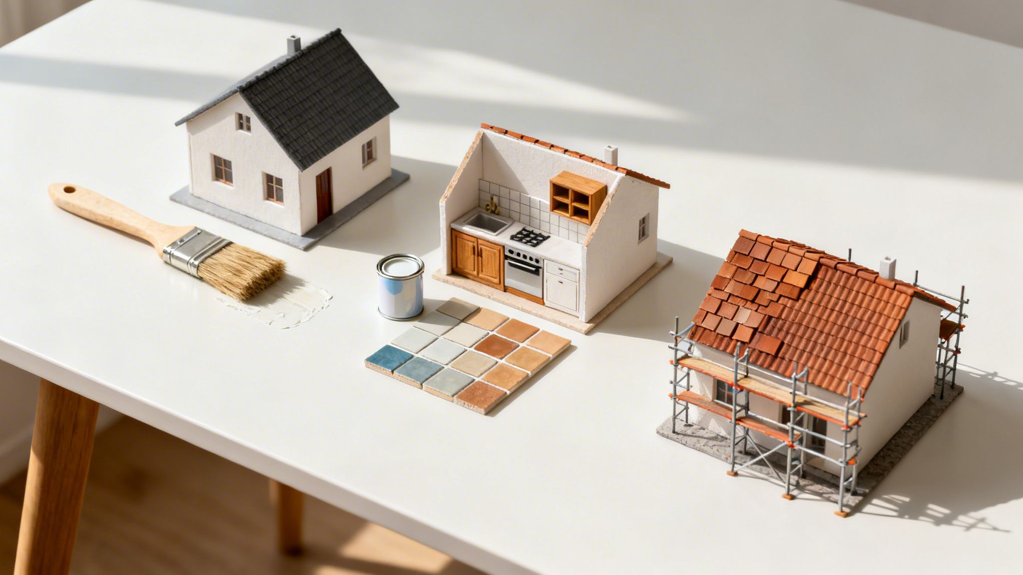 Tre modelhuse, der illustrerer renoveringsprocessen med maling, fliser og stillads på et hvidt bord.