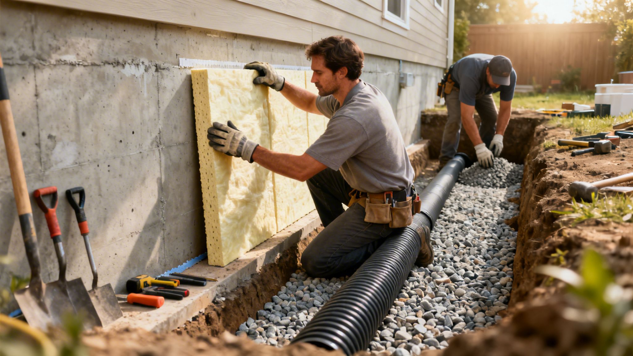 To mænd installerer udvendig kældervægsisolering og dræn omkring et husfundament i solskin.