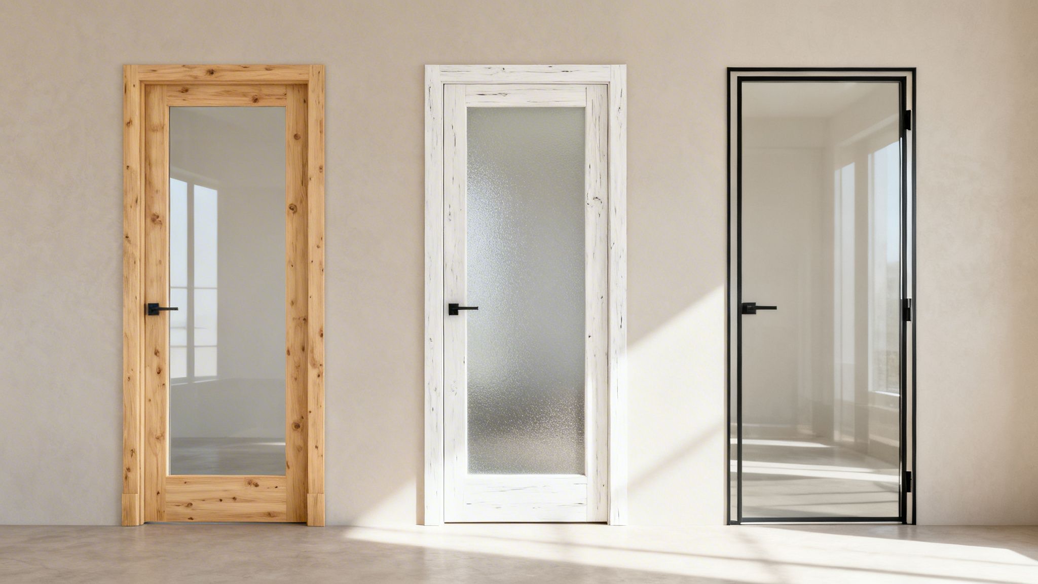 Tre indvendige glasdøre i forskellige stilarter: træ, hvid og sort metal, med naturligt lys.