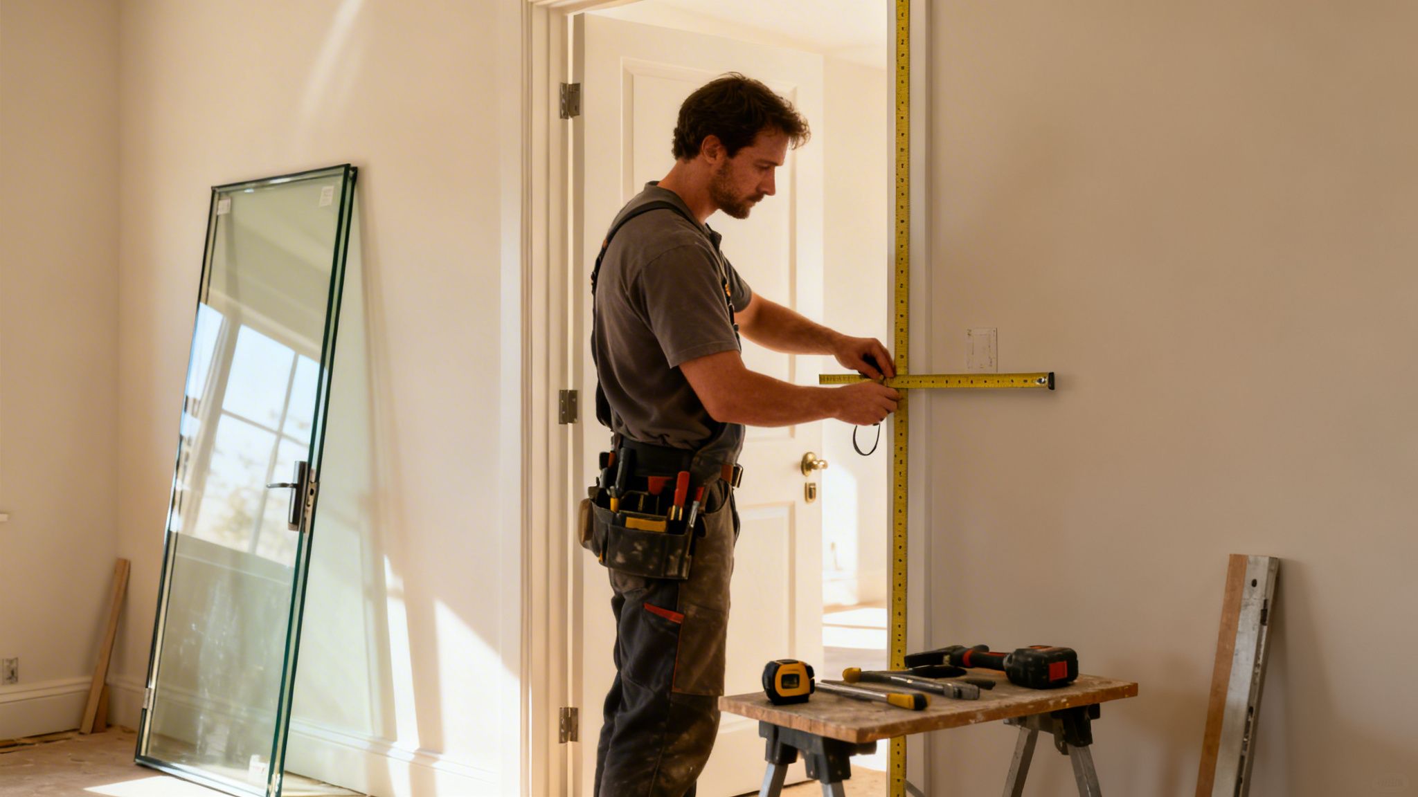 En mand måler en væg med et målebånd under en renovering, med en glasdør i nærheden.