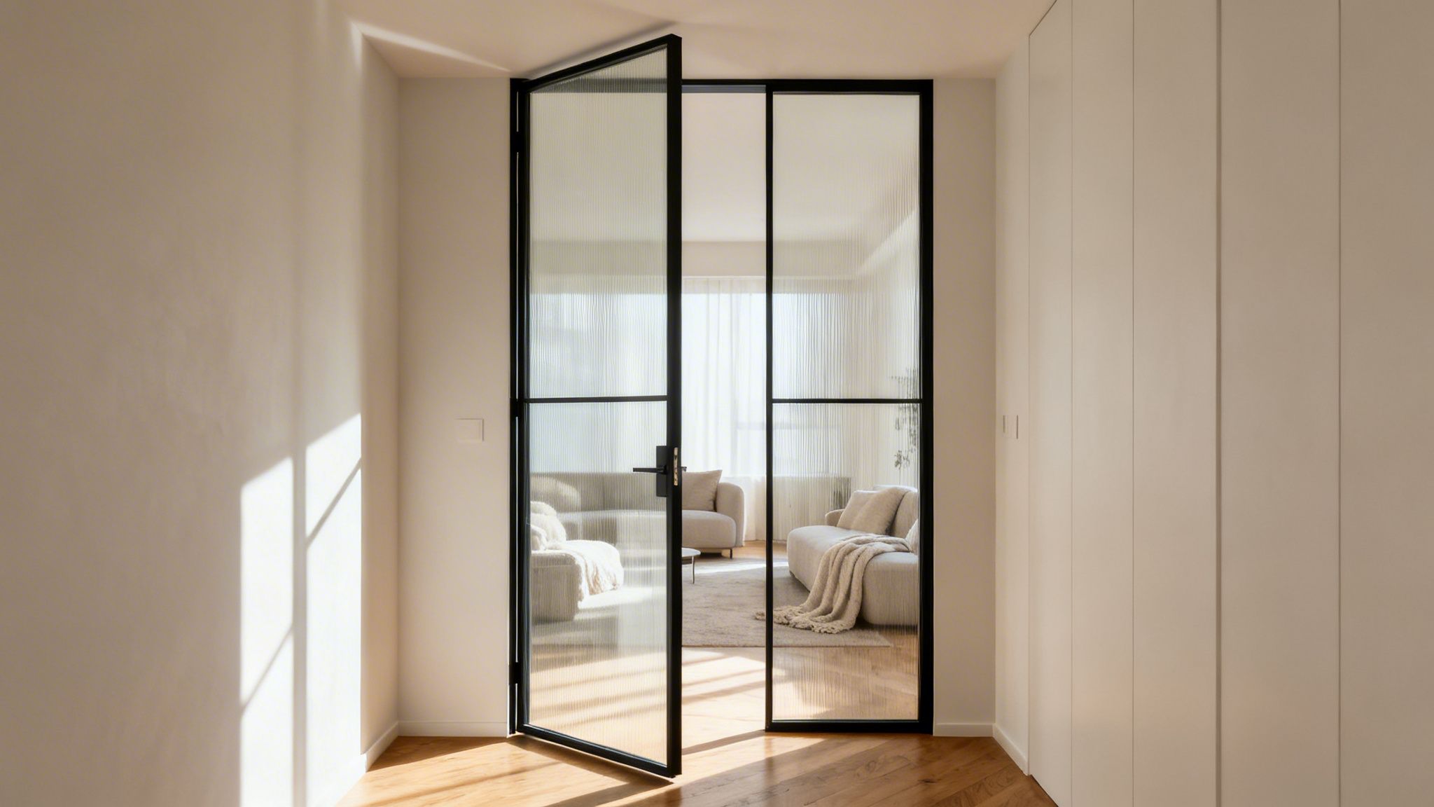 En åben indvendig glasdør med sorte rammer afslører en stue med lyse møbler og sollys på trægulvet.