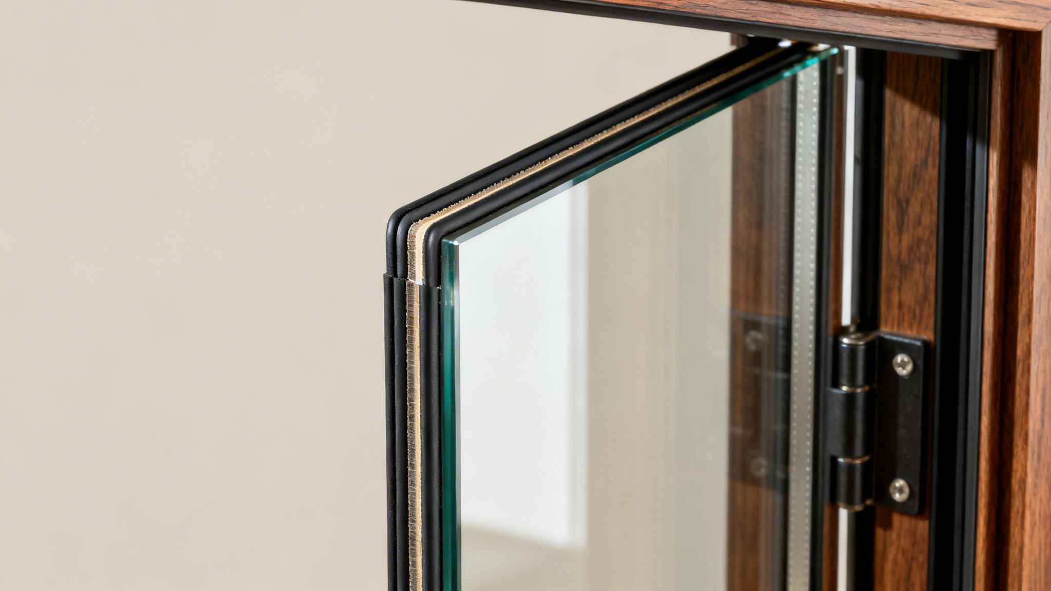 Nærbillede af et vindue eller en dør med tredobbelt glas og en træramme.