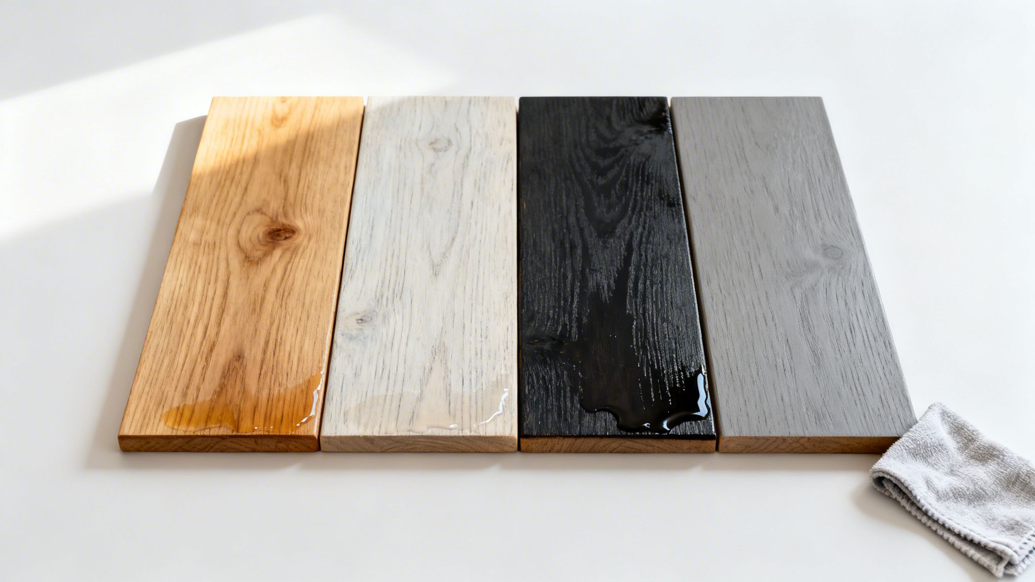 Fire træplanker i forskellige farver med oliedråber, der viser effekten af olie til bordplade.