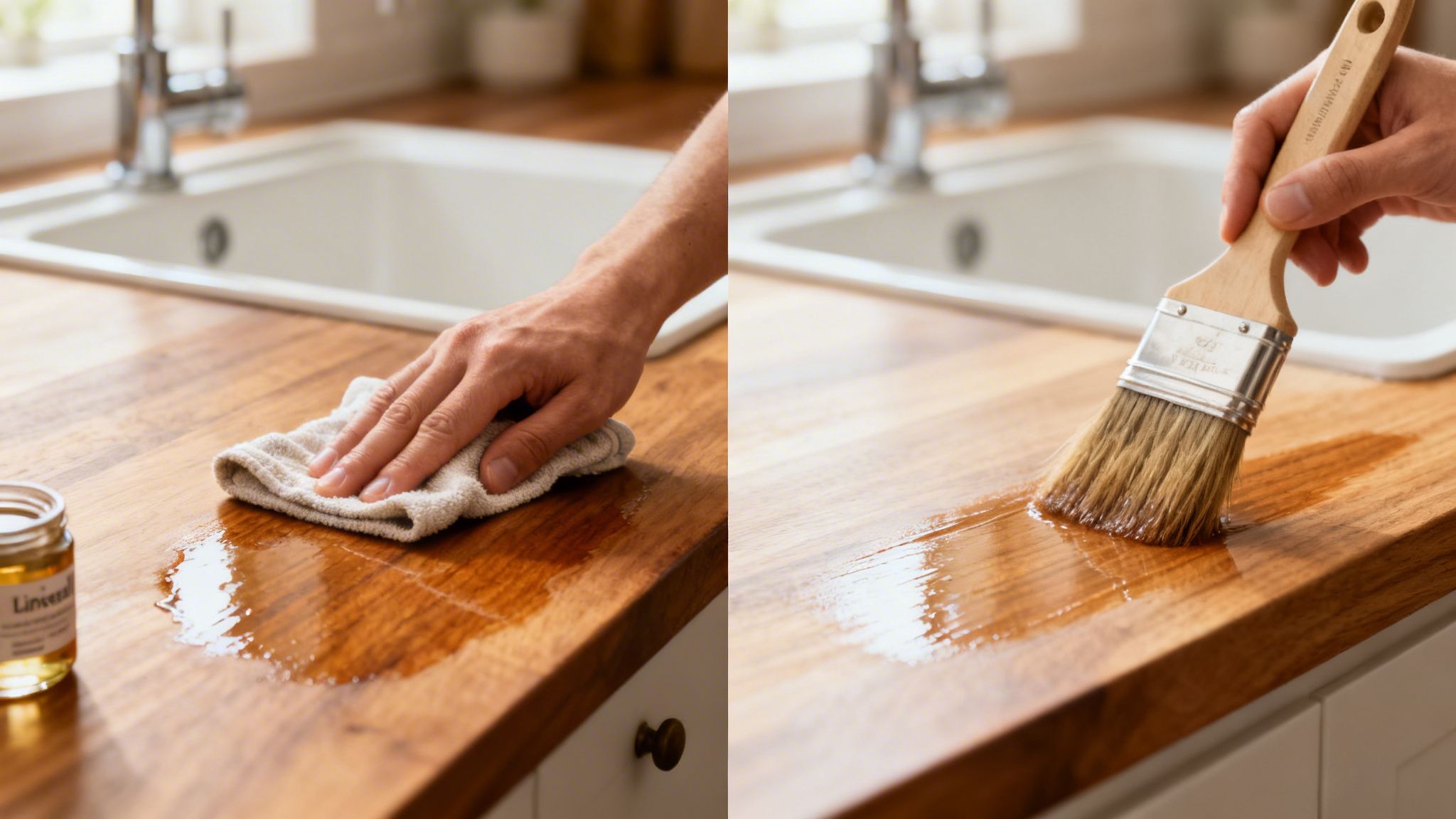 Hånd der påfører olie på en træbordplade med en klud og derefter en pensel, for at behandle overfladen.