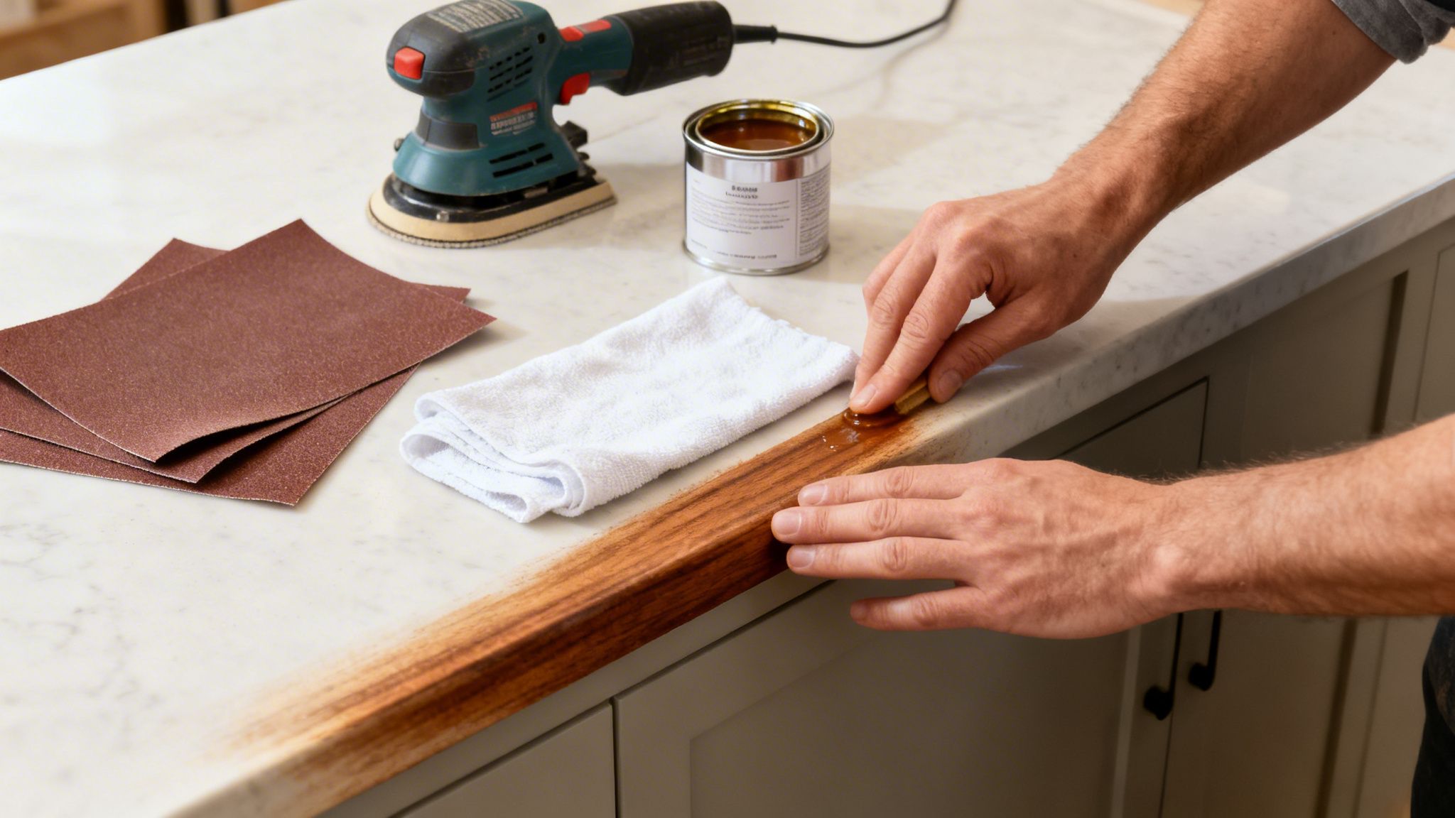 En person påfører olie på en træbordplade, med slibepapir, en sliber og klud på en marmorbordplade.