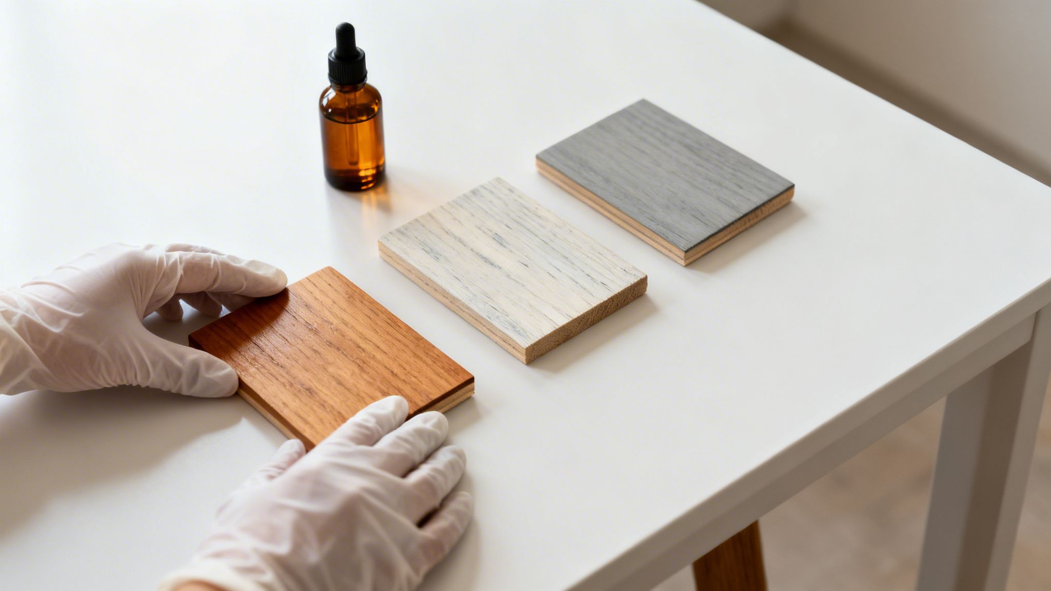 En person i handsker holder en træprøve, med to andre prøver og en olieflaske på et hvidt bord.