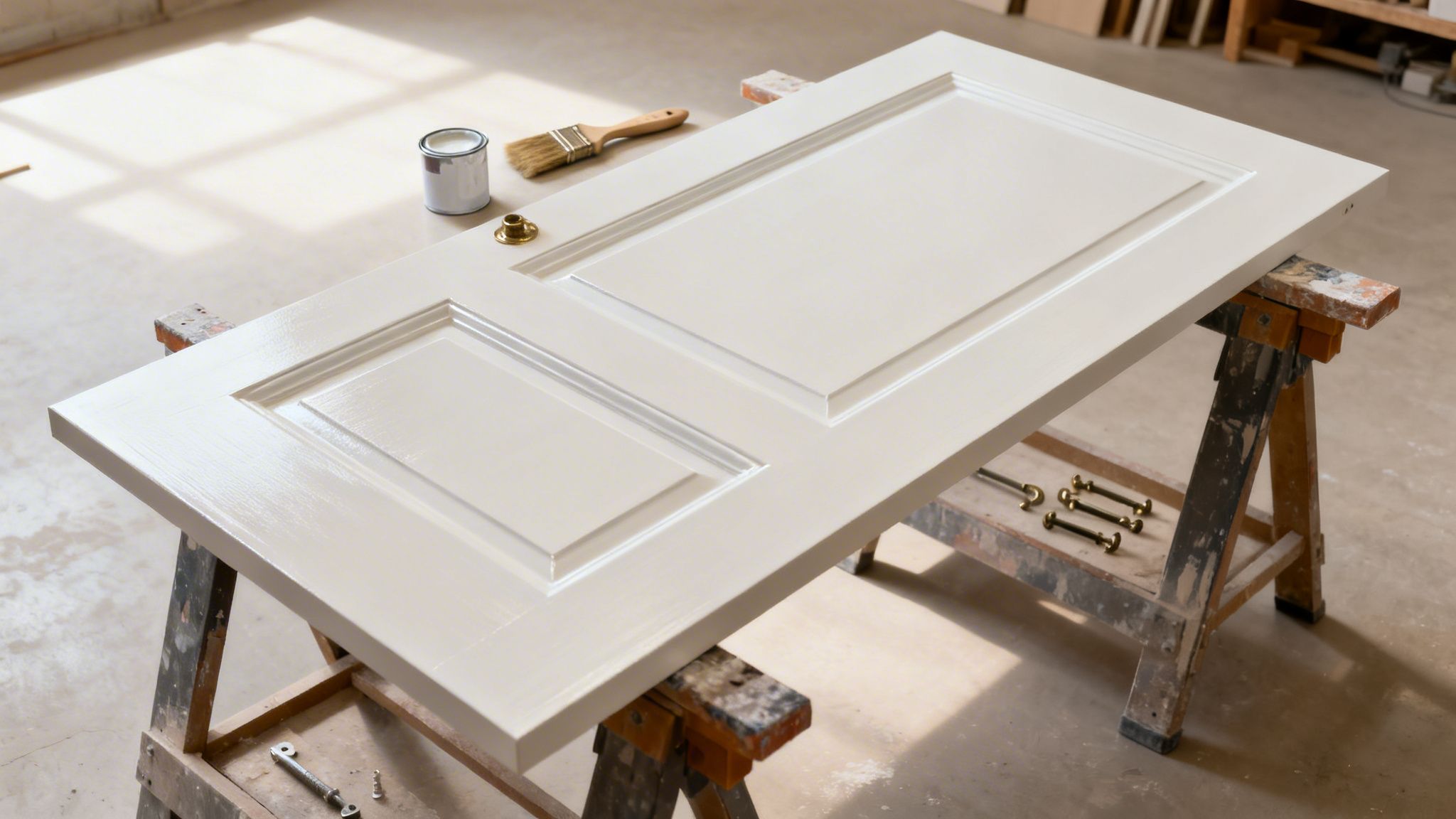 Hvid dør bliver malet på savbukke i et værksted med værktøj og sollys.