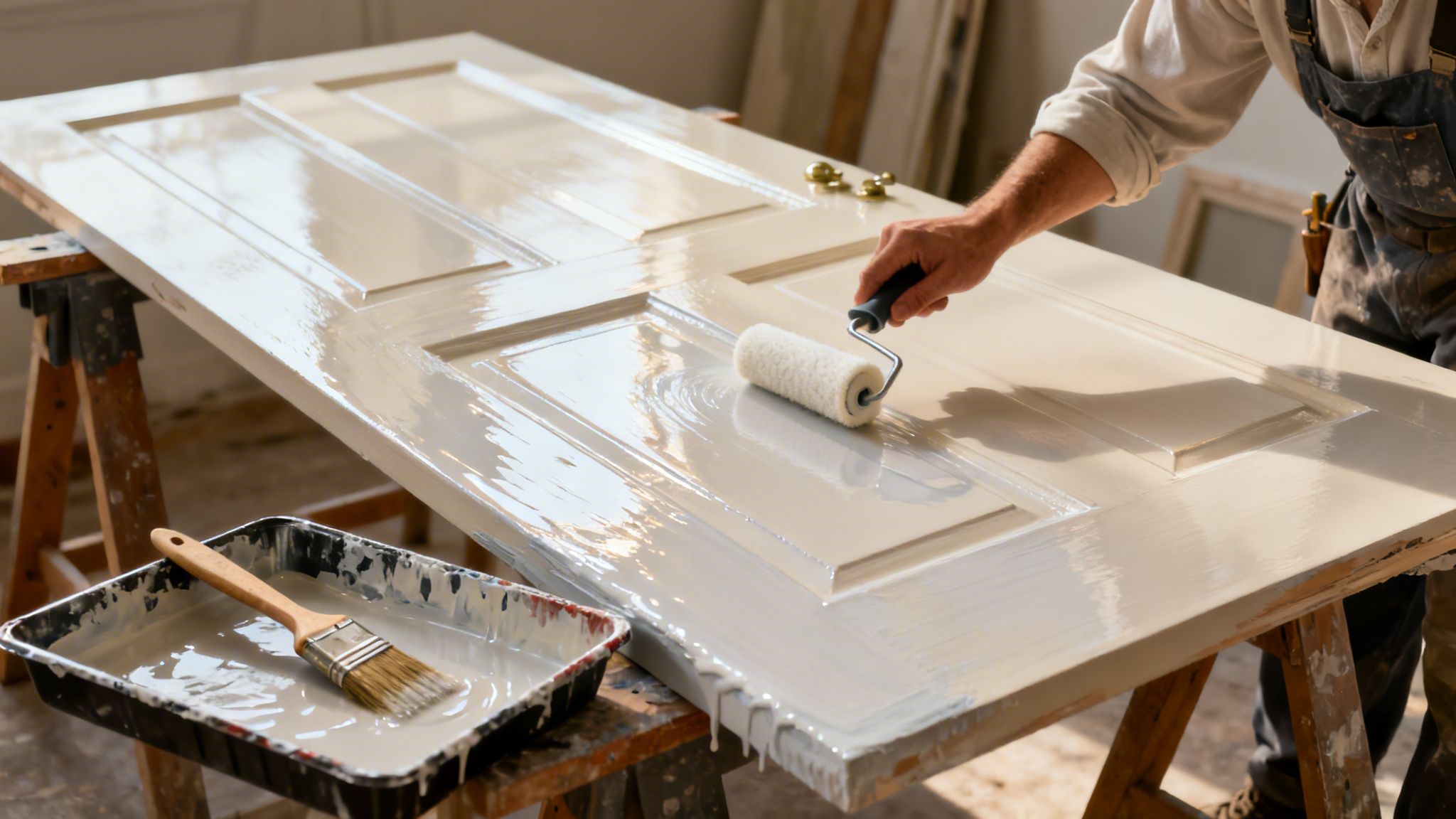 En person maler en hvid dør med en rulle og lys maling, med en pensel i en bakke.