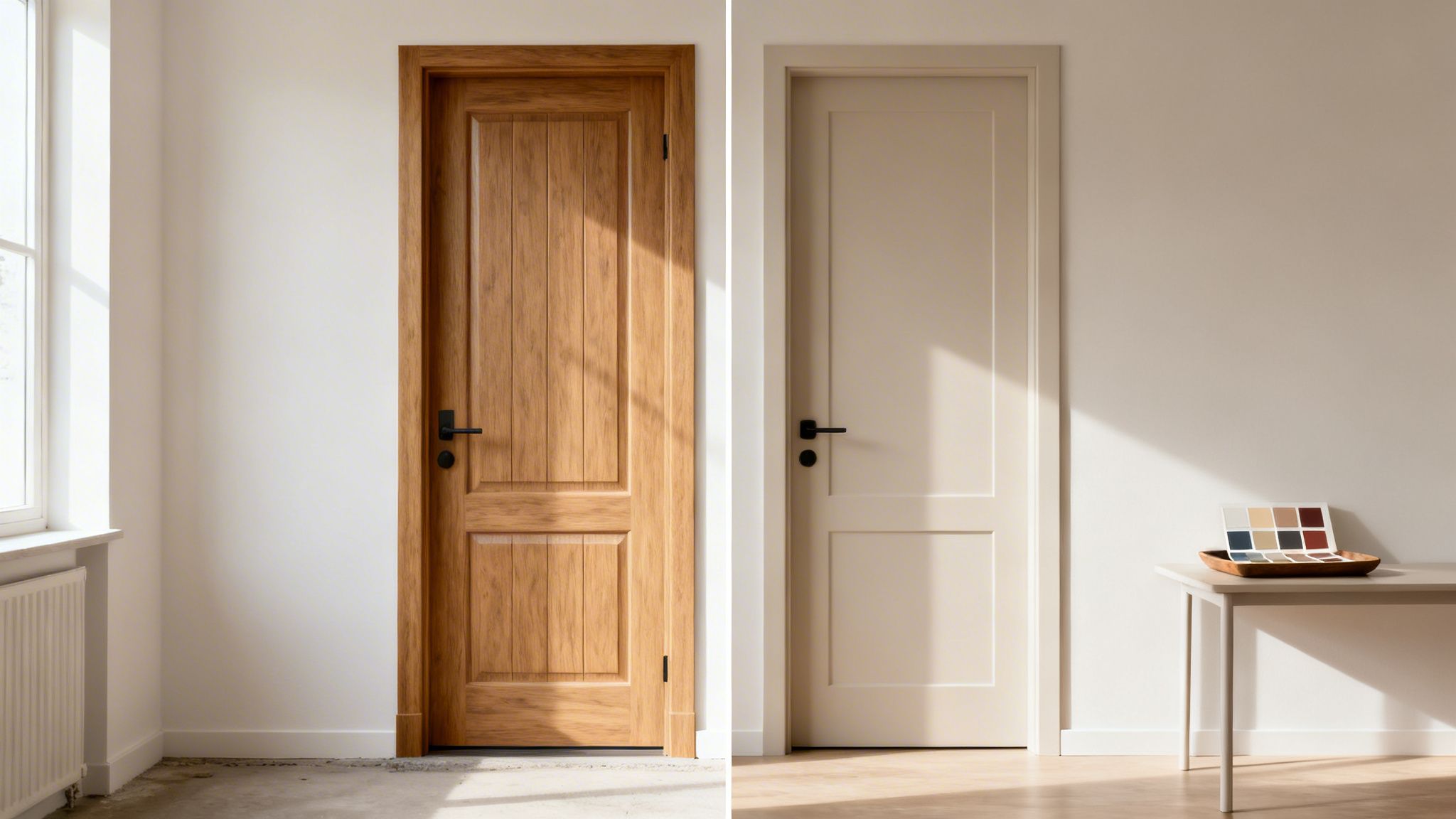 To døre, en i lyst træ og en cremefarvet, der viser forskellige stilarter og farver med farveprøver på et bord.