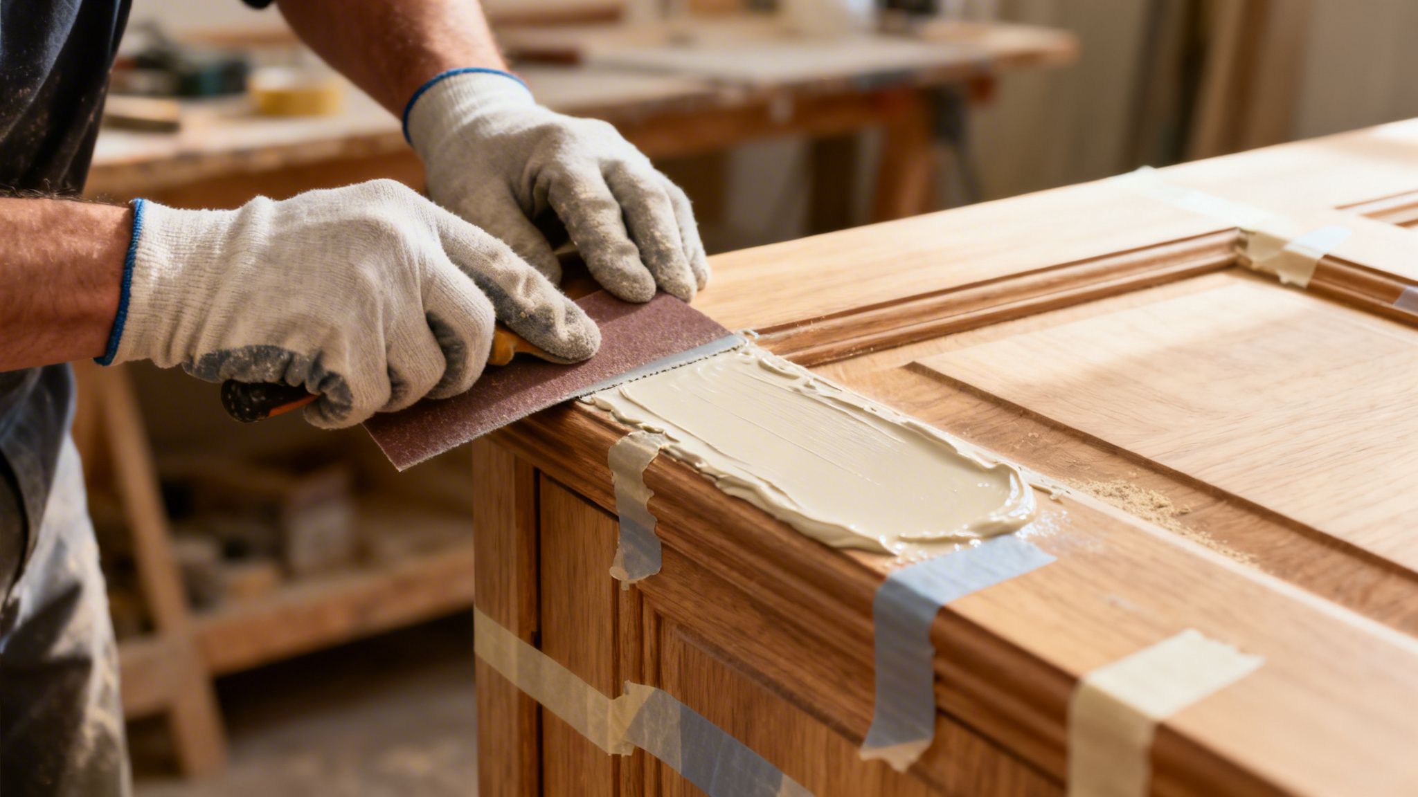 Nærbillede af en person i hvide handsker, der påfører spartelmasse på et trædørpanel med en spartel.