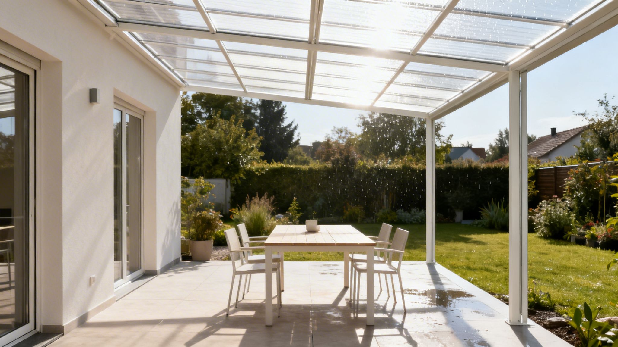 Solrig terrasse med gennemsigtigt tag, spiseplads og udsigt til en frodig have.