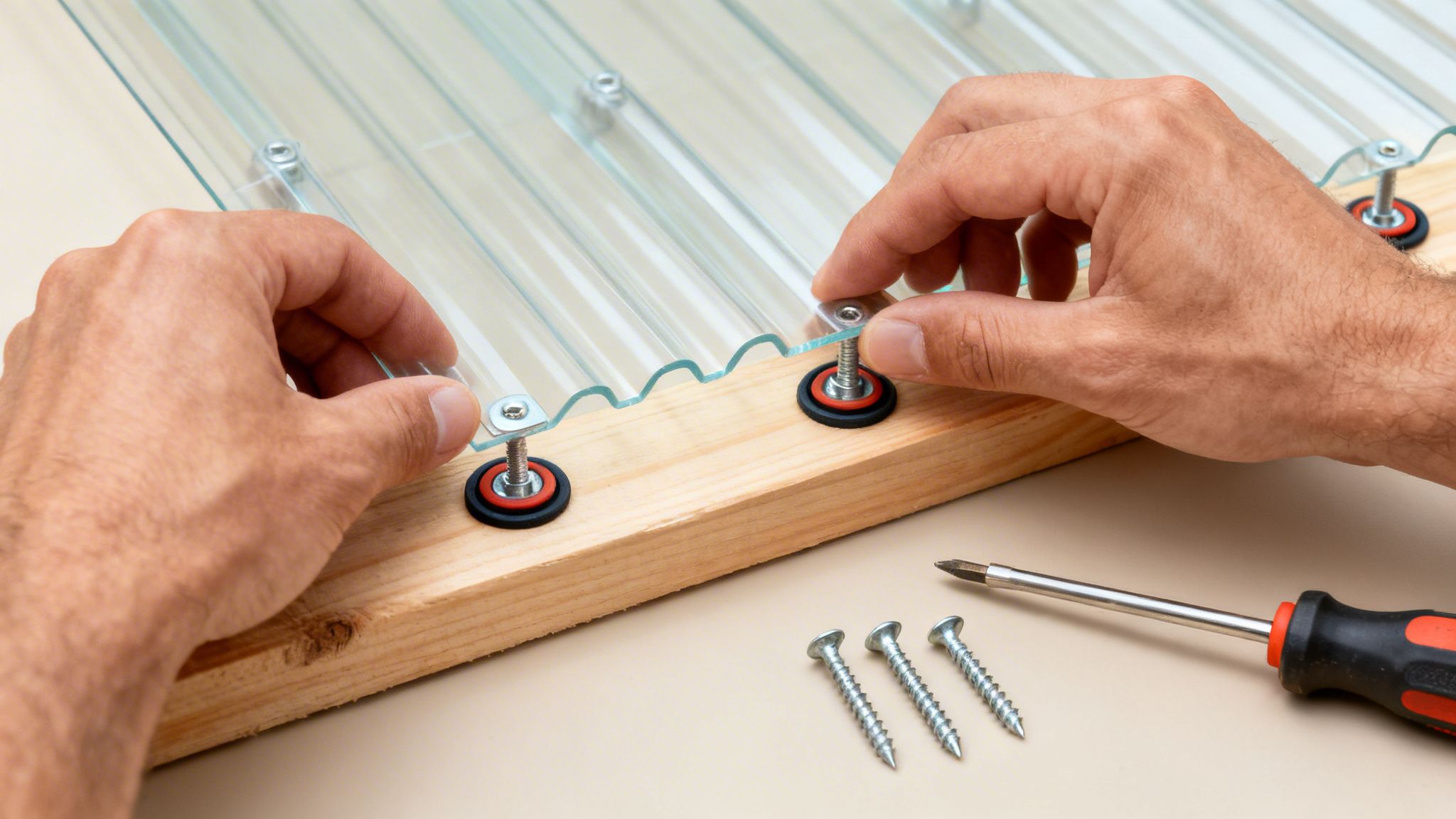 Hænder monterer gennemsigtige bølgede tagplader i plast på en træbjælke med skruer og tætninger.