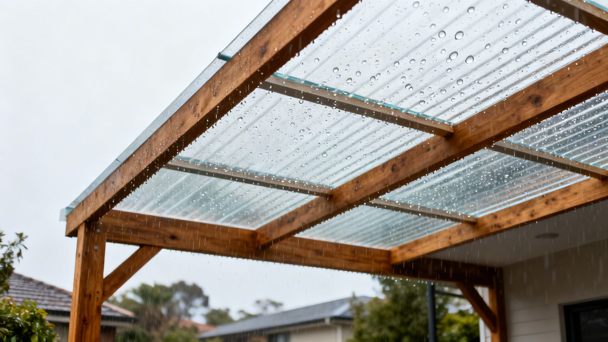 Gennemsigtigt plasttag med træbjælker og regndråber, der drypper ned på en gråvejrsdag.